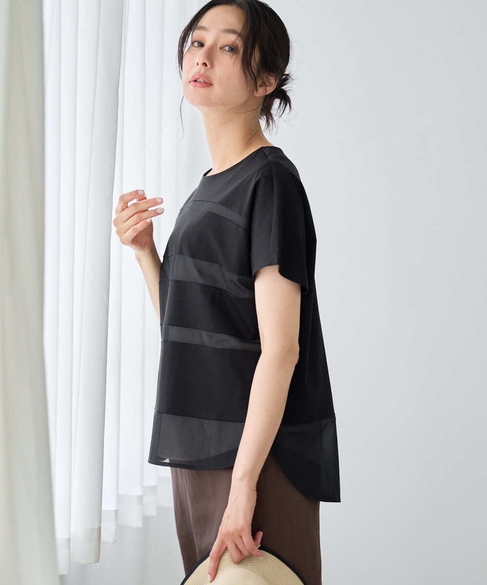 [接触冷感]ドライコットンシアーボーダーカットソー ジョルジュ・レッシュ トップス カットソー・Tシャツ ホワイト カーキグリーン ブラック