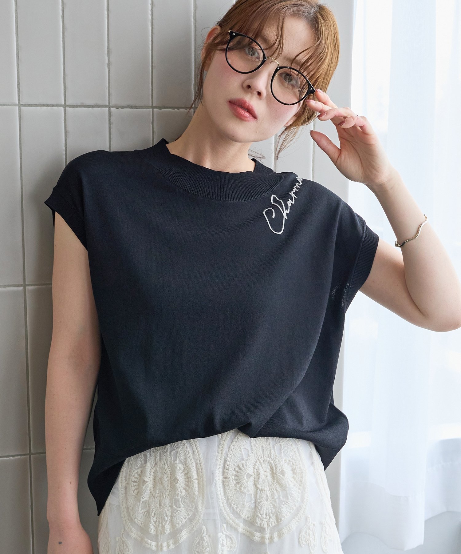 le.coeur blanc ネック刺繍フレンチプルオーバー ルクールブラン トップス ニット グレー ホワイト ブラック【送料無料】
