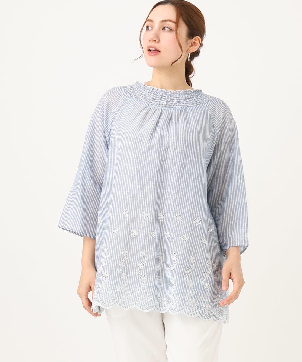 【大きいサイズ】シャーリング刺繍ブラウス エウルキューブ トップス シャツ・ブラウス ブラック