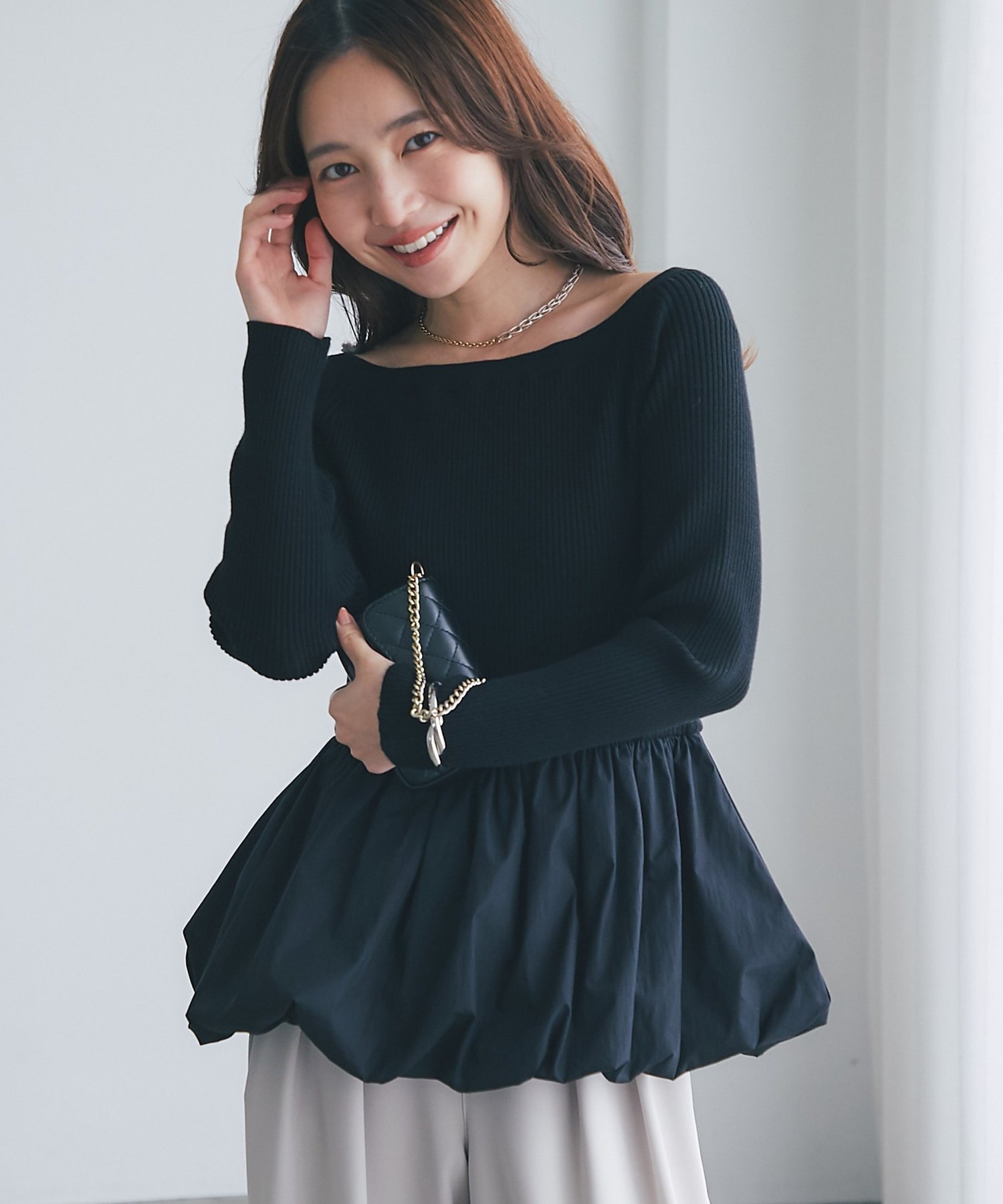 La boutique BonBon 【全骨格美人見え】ペプラムバルーンニット ラブティックボンボン トップス ニット ブラック グレー【送料無料】のサムネイル