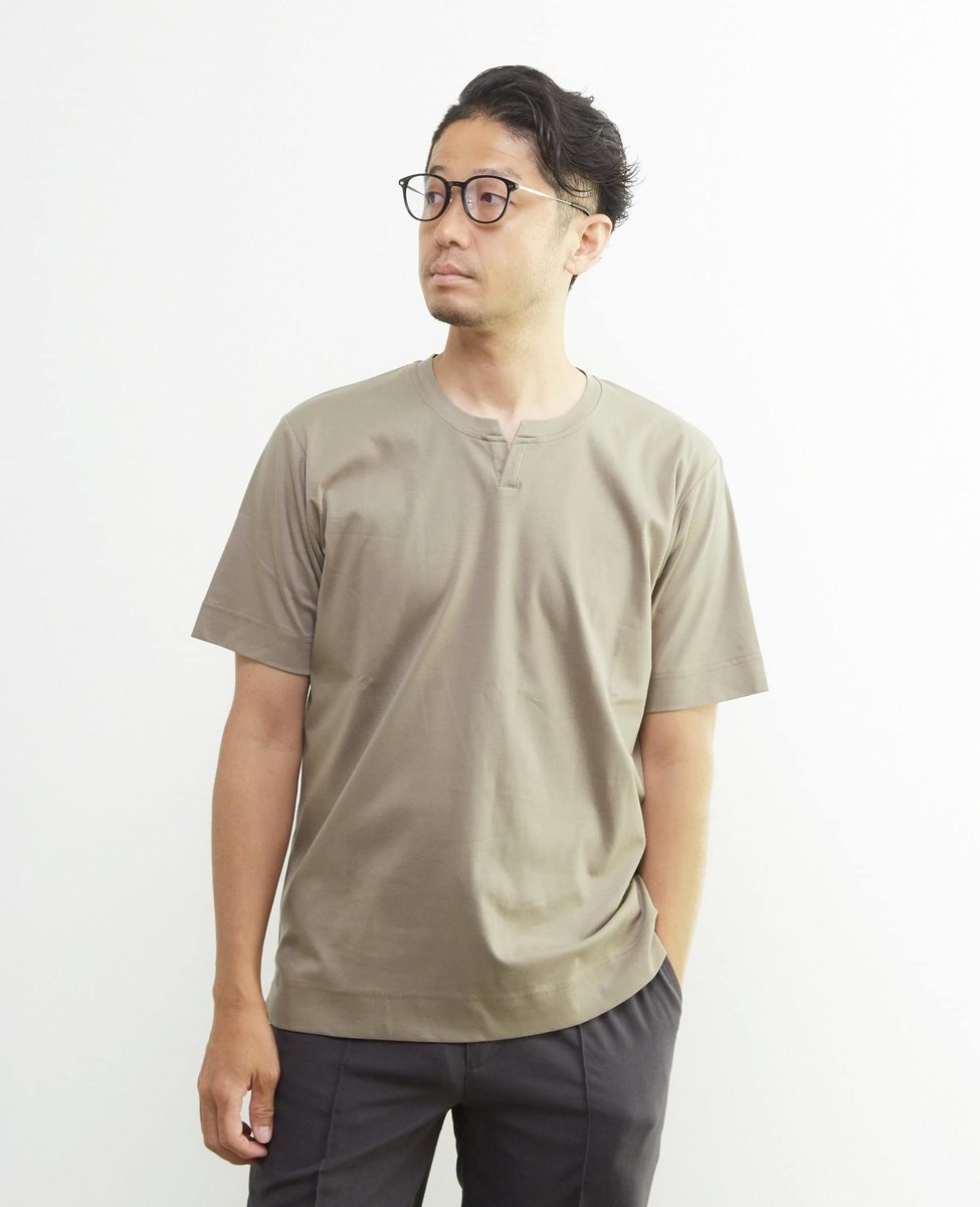 MEN'S MELROSE マーセライズドスムース キーネックTシャツ メンズメルローズ トップス カットソー・Tシャツ ベージュ ホワイト ブラック
