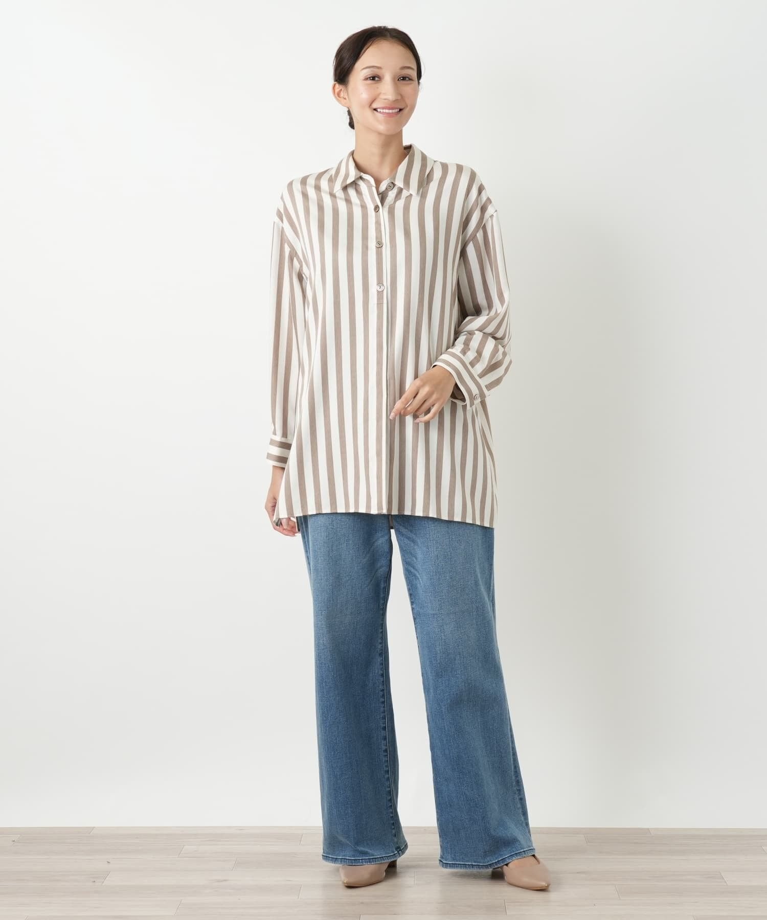 Leilian PLUS HOUSE ストライプ柄シャツブラウス【プラス企画】 レリアン プラスハウス トップス シャツ・ブラウス ブラウン