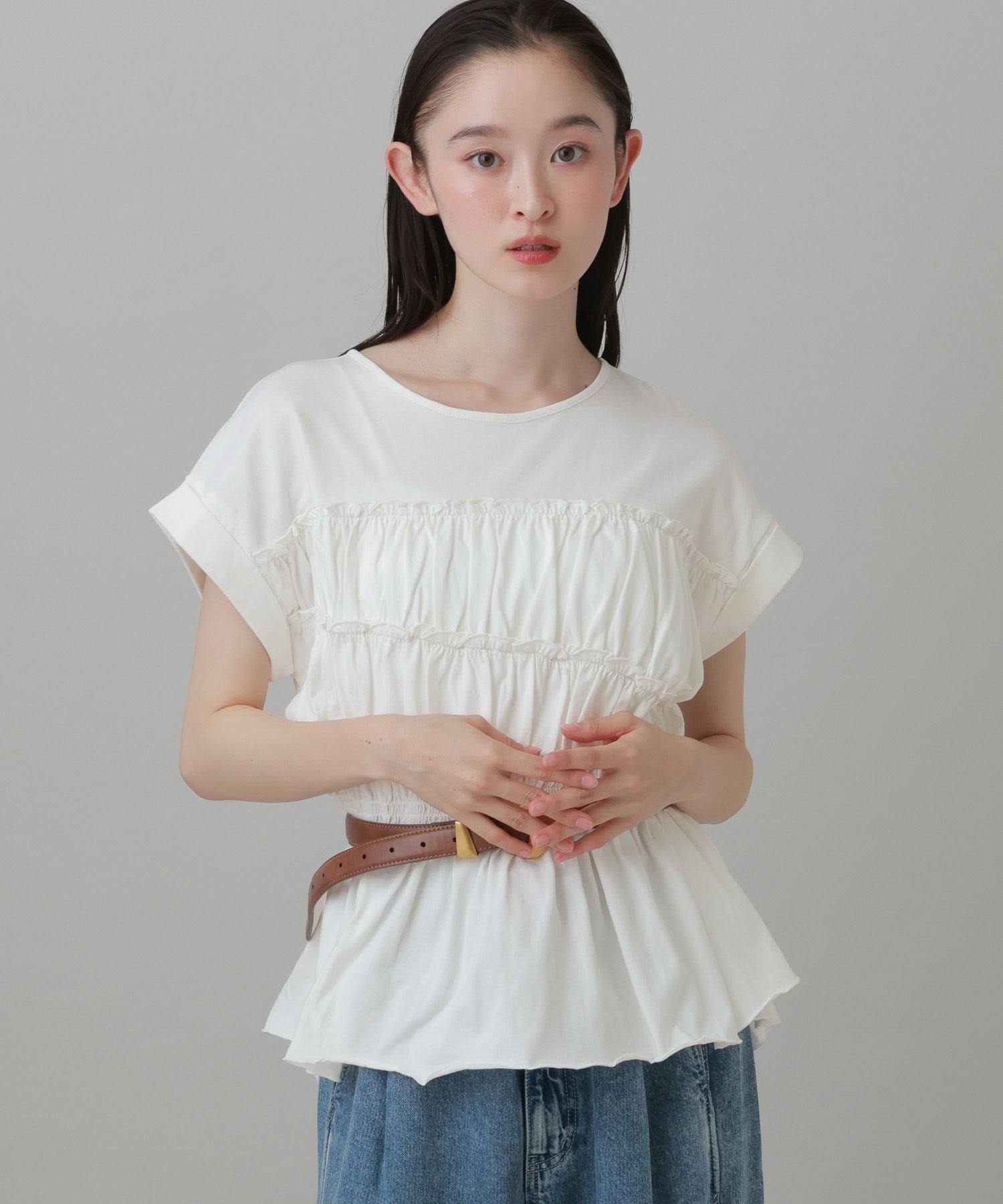 LAKOLE フリルデザインT ラコレ トップス カットソー・Tシャツ ブラウン ホワイト グレー