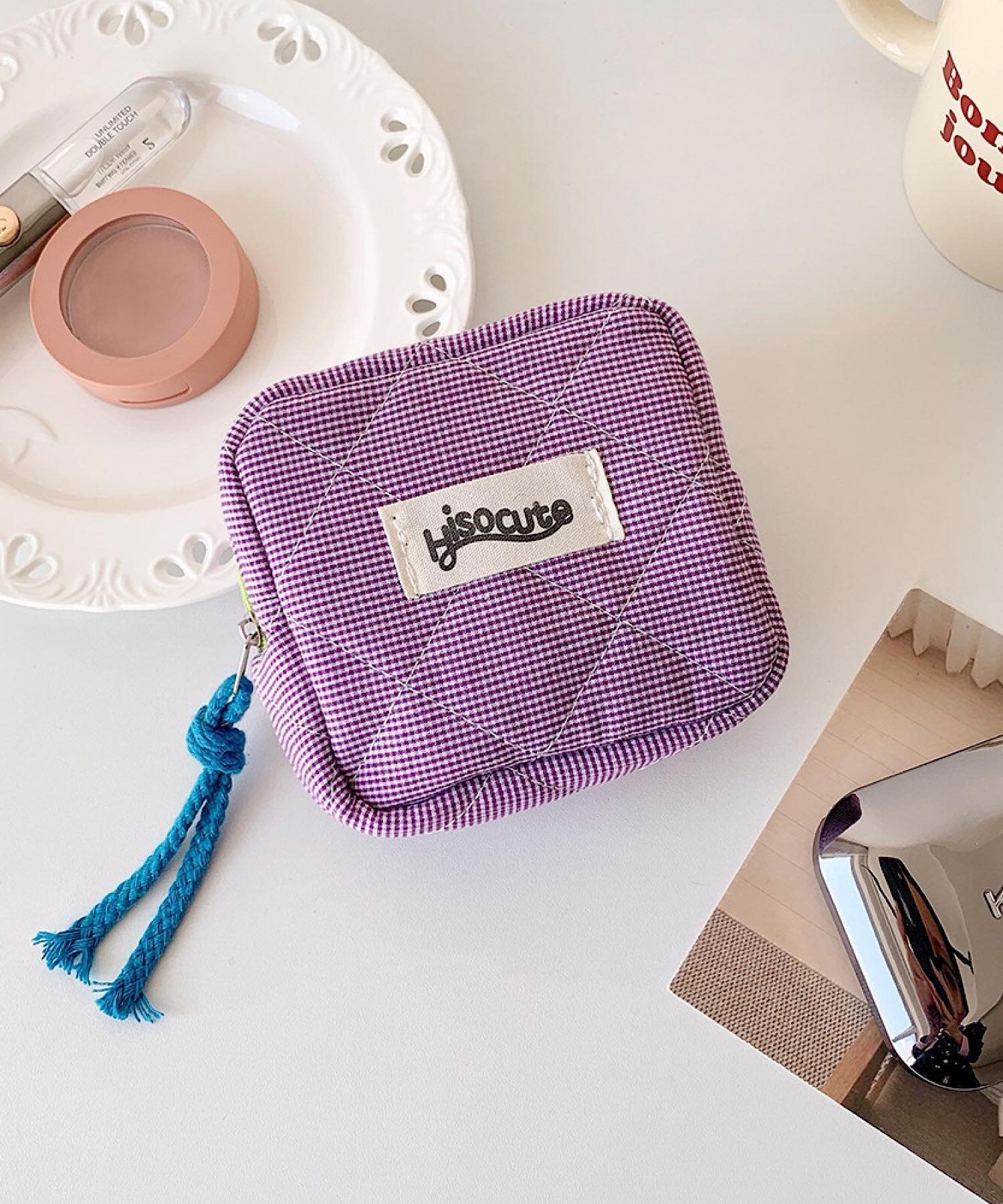 Mignonjour Mignonjour/(W)チェック柄ミニポーチ ミニョントレフル ルームヨンマルサンセレクティッド 財布・ポーチ・ケース ポーチ グリーン ブラック パープル ブルー オレンジ