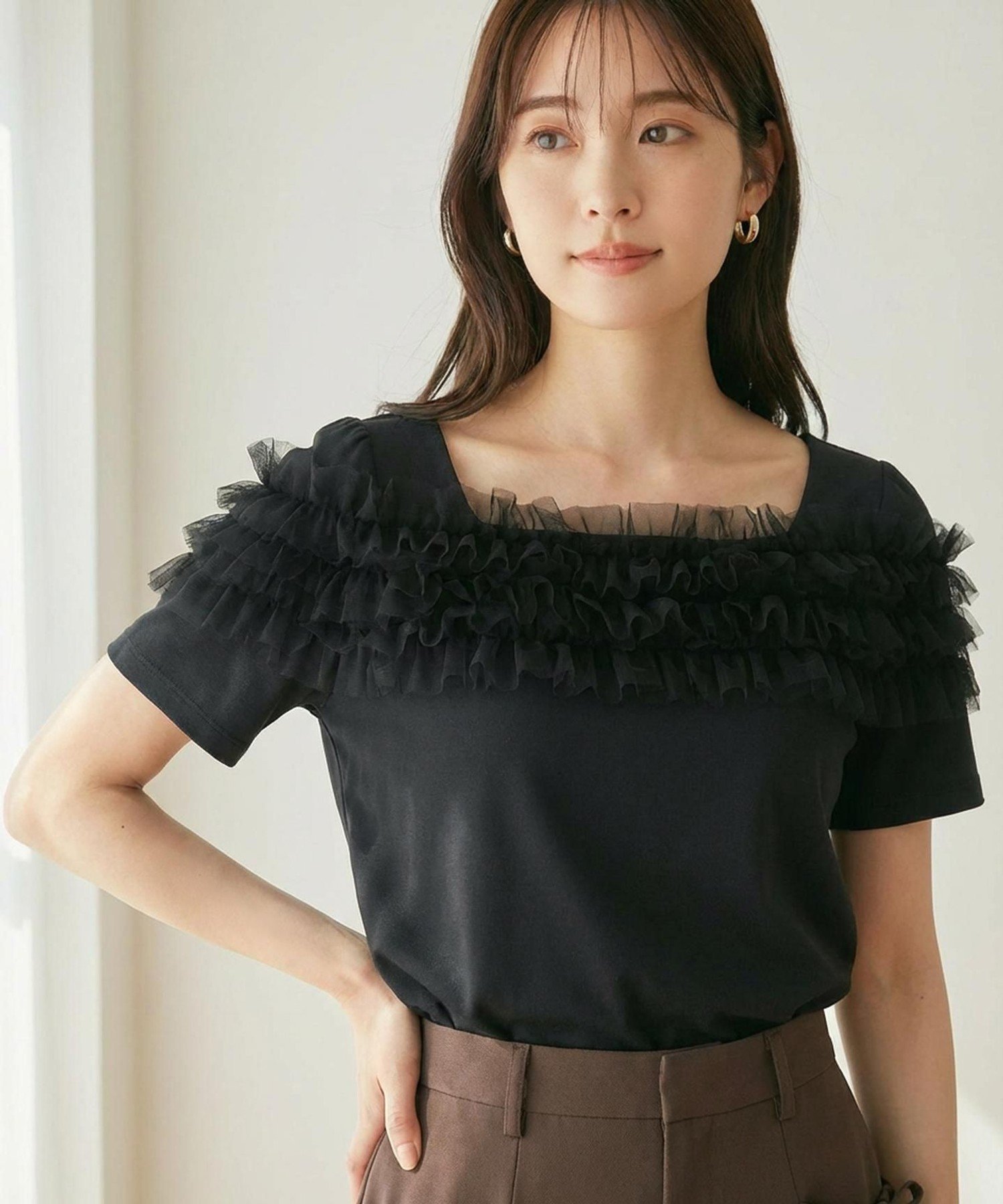 【SALE／30%OFF】Feroux 【洗える・汗ジミが目立たない】デコルテチュール カットソー フェルゥ トップス カットソー・Tシャツ ホワイト ピンク ブラック