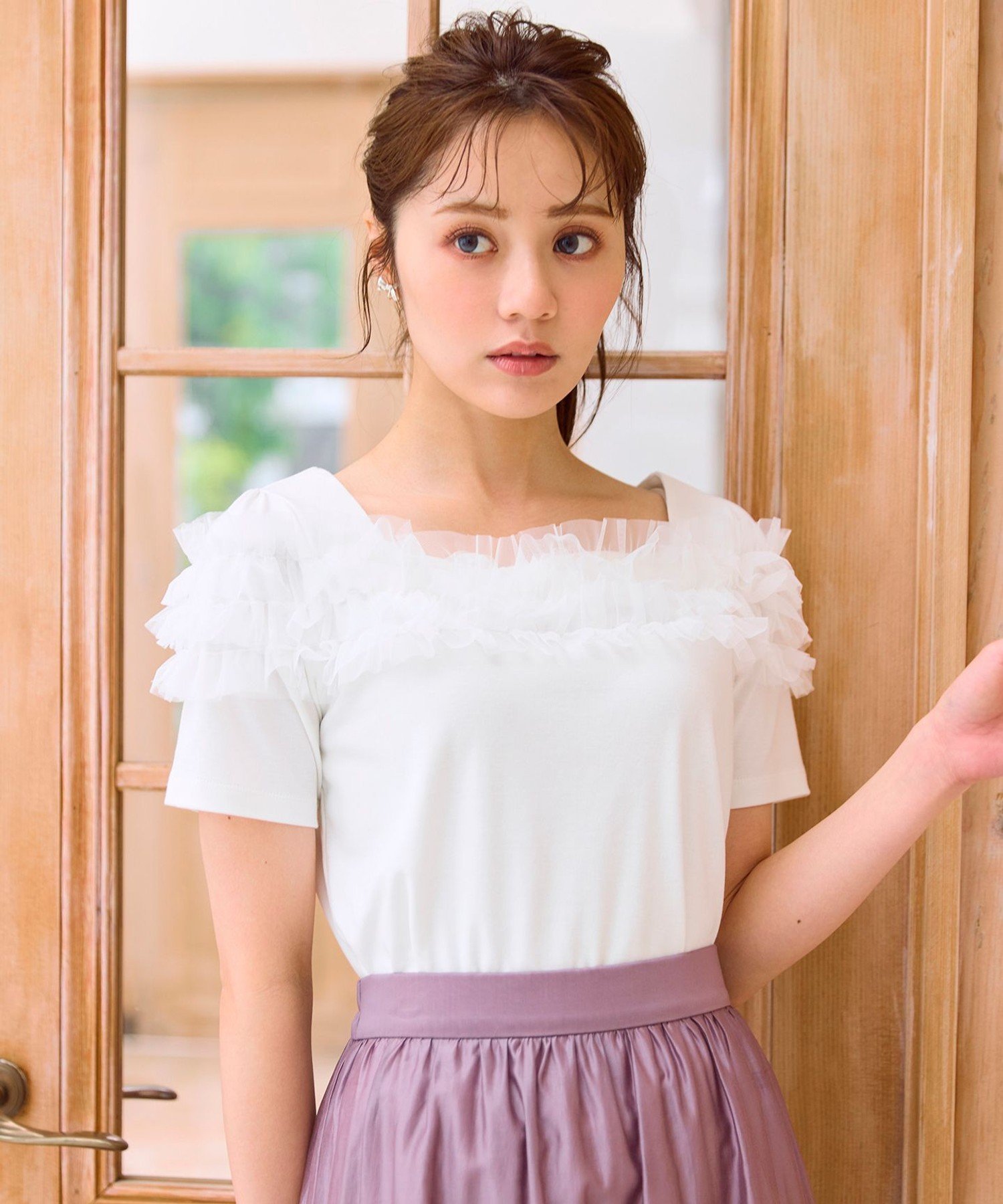 【SALE／30%OFF】Feroux 【洗える・汗ジミが目立たない】デコルテチュール カットソー フェルゥ トップス カットソー・Tシャツ ホワイト ピンク ブラック