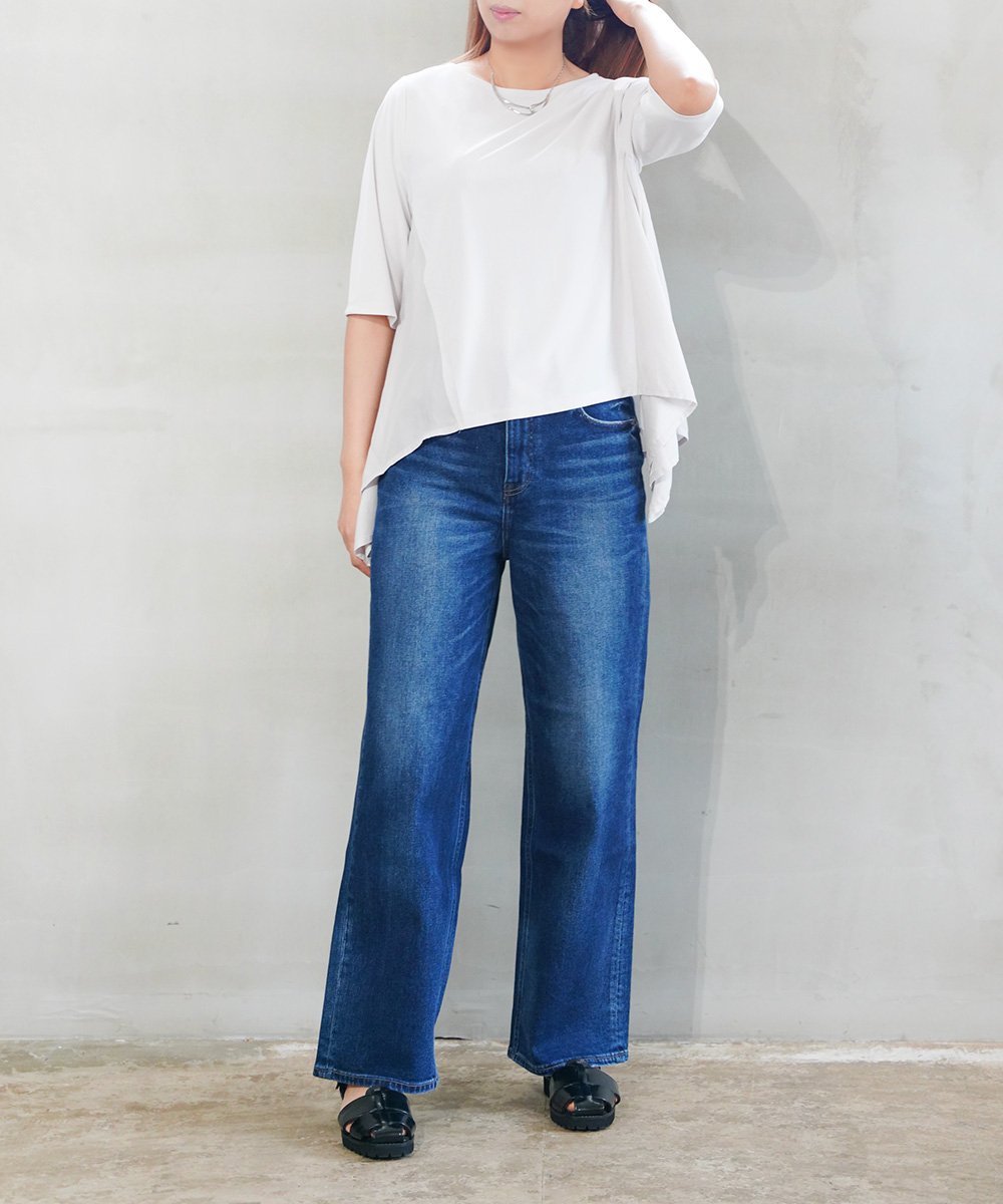 PUPULA ププラ ヤギポリスムースxドライツイル 5分袖 アシンメトリー プルオーバー ブルーコムブルー トップス カットソー・Tシャツ