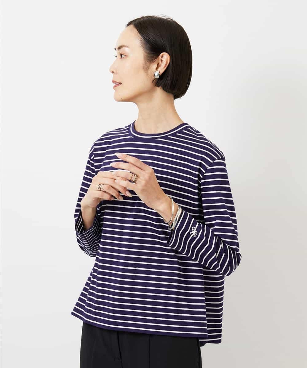 MICHEL KLEIN ボーダーバックフレアカットソー ミッシェルクラン トップス カットソー・Tシャツ ネイビー