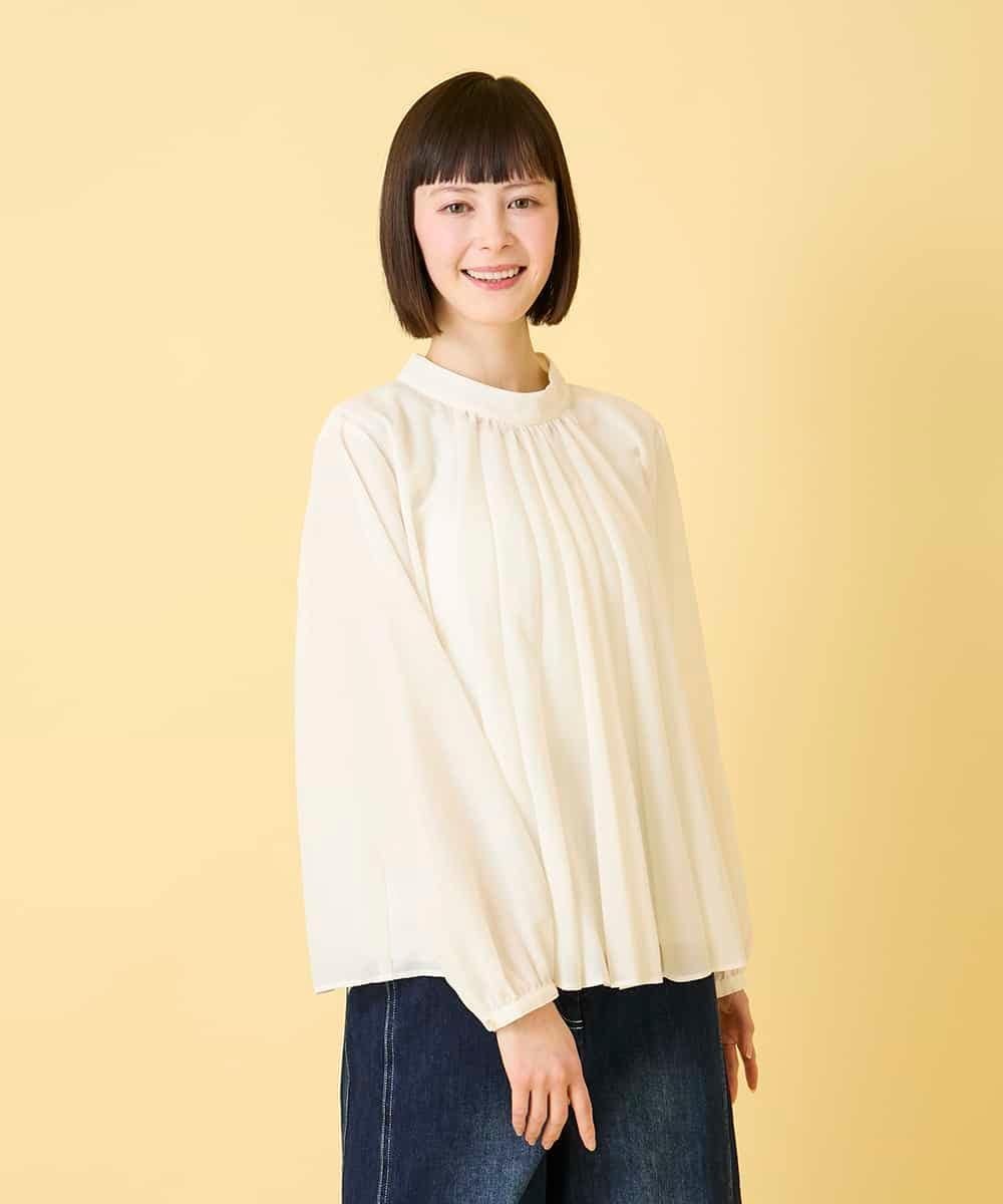 HIROKO BIS（小さいサイズ） 【小さいサイズ】スタンドカラーかまぼこプリーツブラウス メゾンドゥサンク トップス シャツ・ブラウス ホワイト