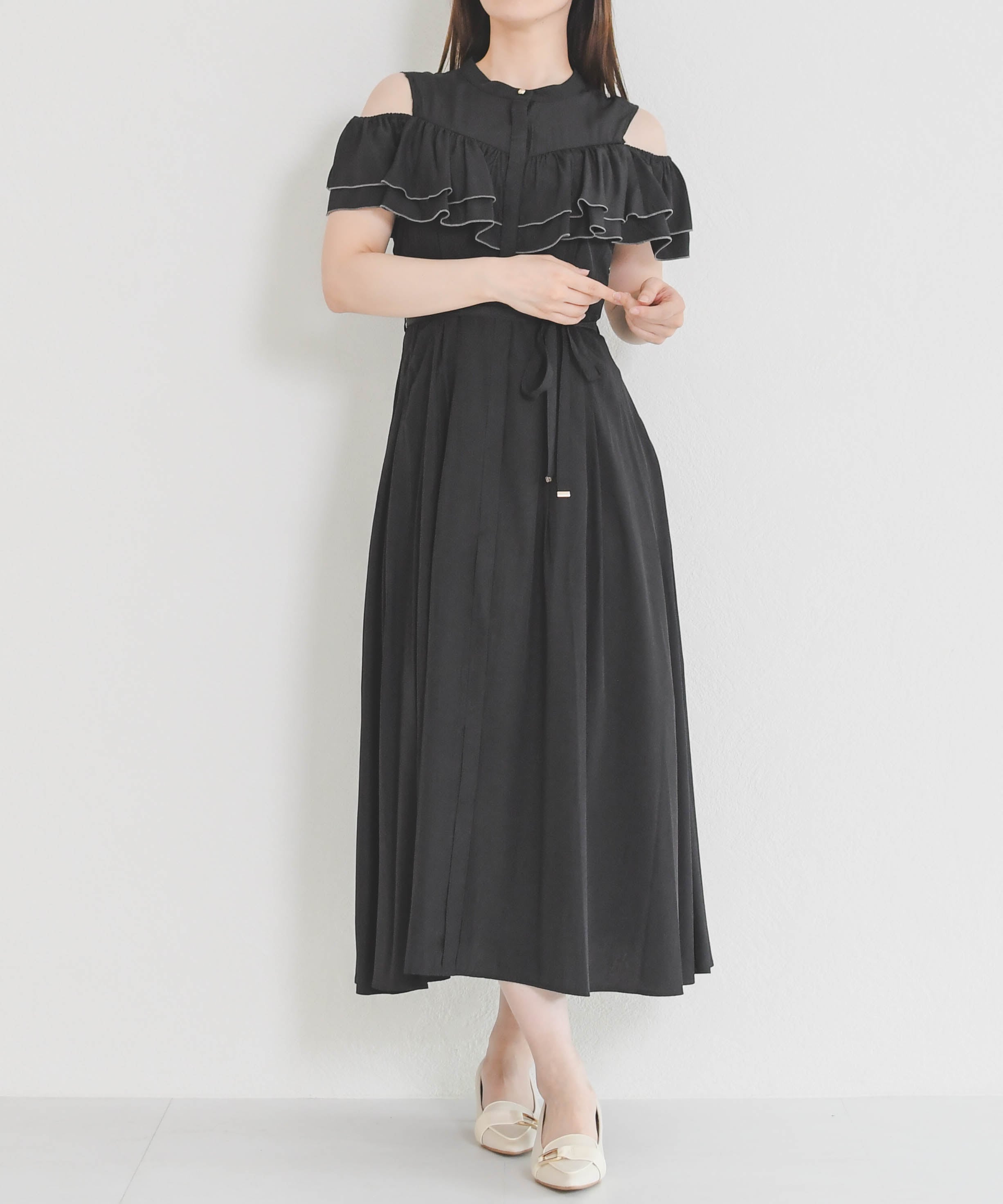 MISCH MASCH 肩開きフリルシャツワンピース MM627421 ミッシュマッシュ ワンピース・ドレス ワンピース グリーン ブラック ホワイト
