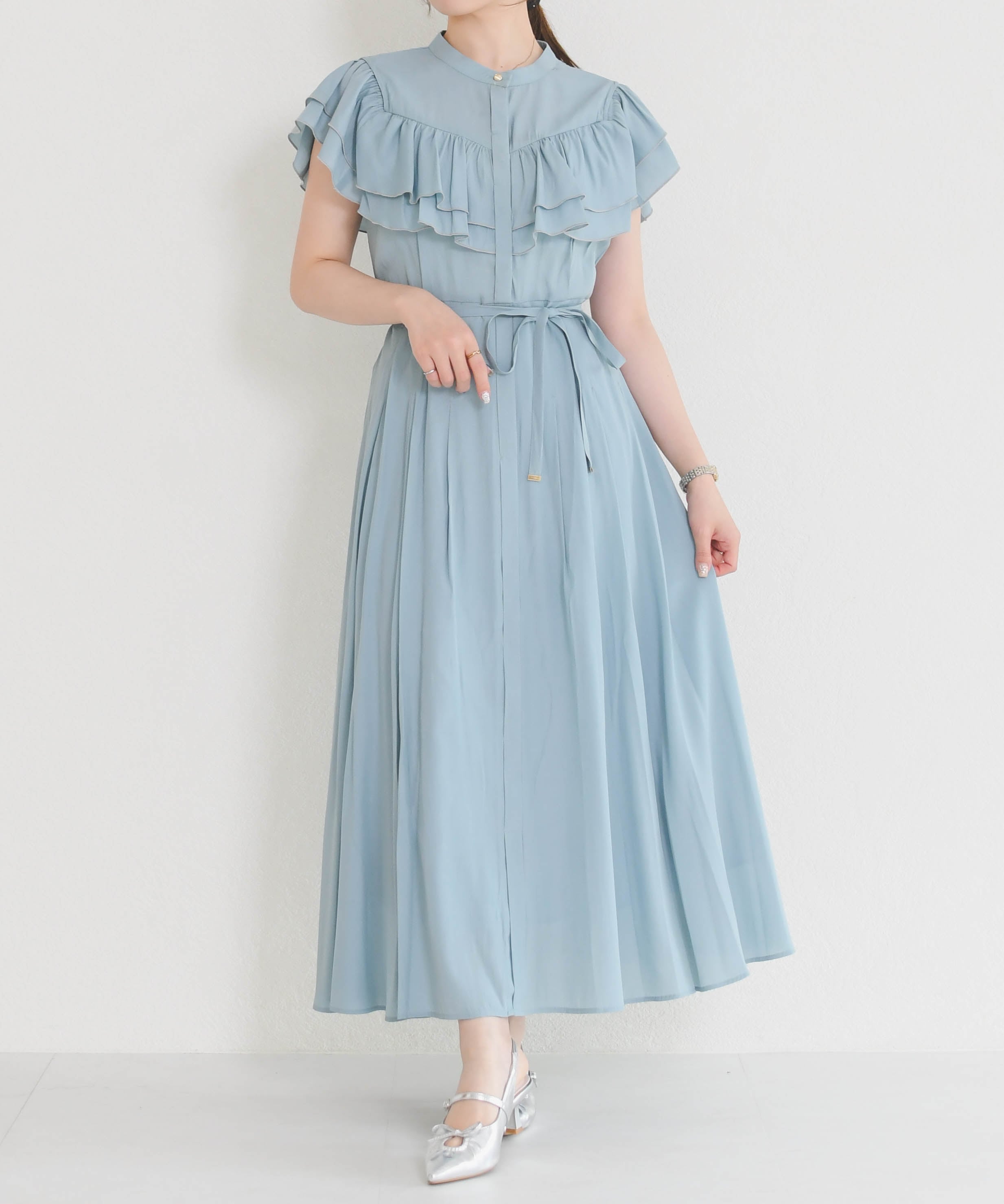MISCH MASCH 肩開きフリルシャツワンピース MM627421 ミッシュマッシュ ワンピース・ドレス ワンピース グリーン ブラック ホワイト