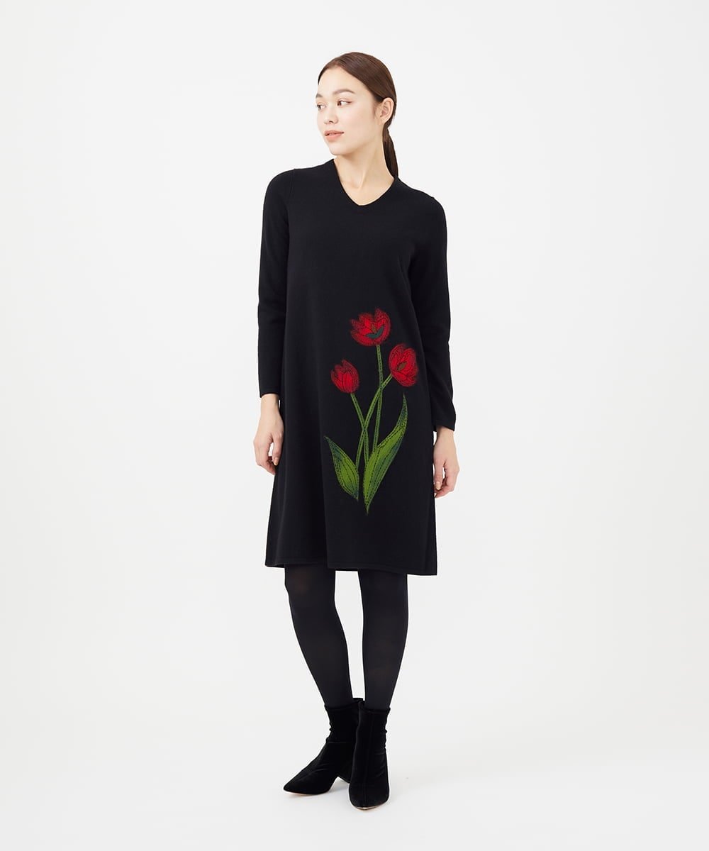 【SALE／50%OFF】Sybilla ニードル刺繍フラワーニットドレス シビラ ワンピース・ドレス ワンピース ホワイト ブラック【送料無料】