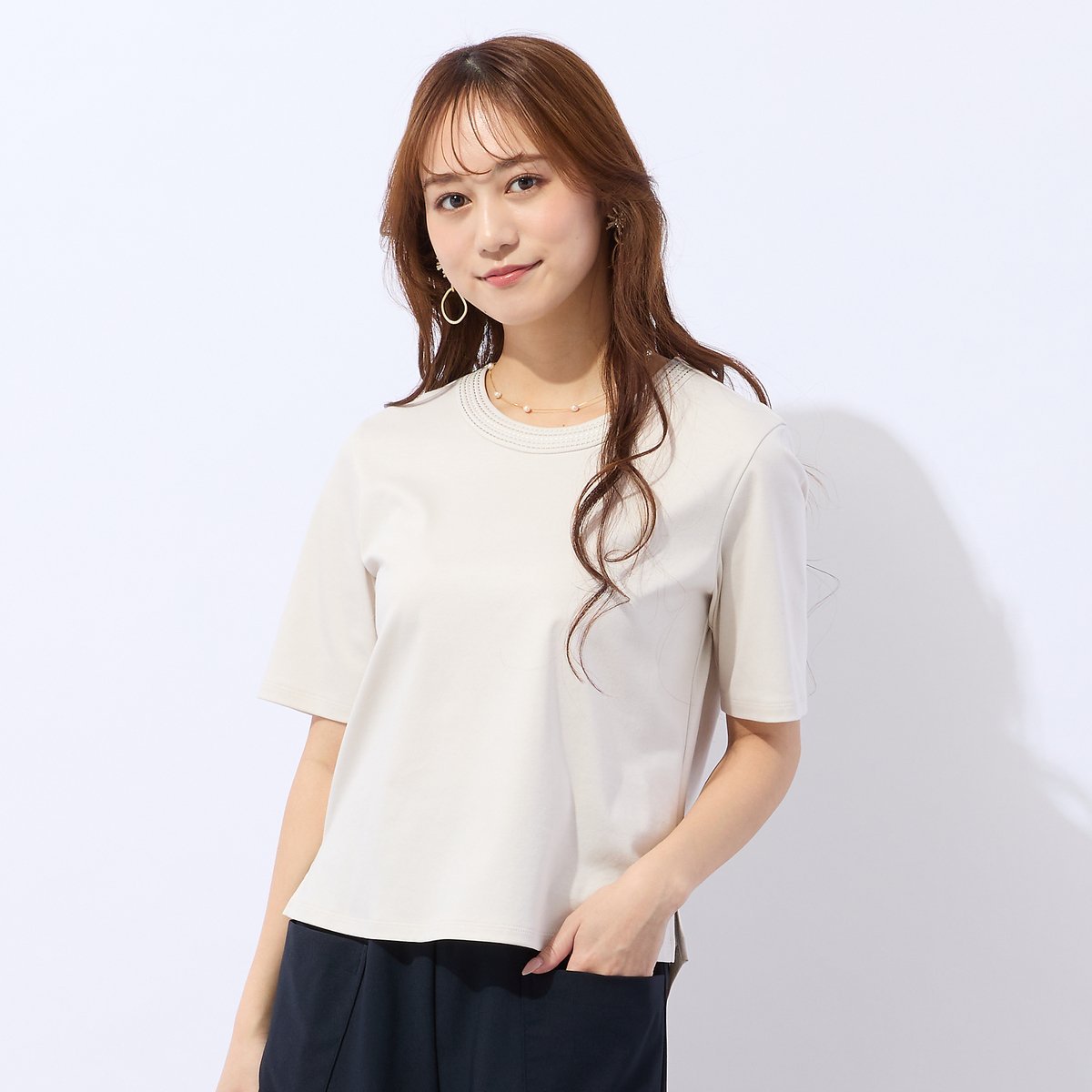 Liliane Burty Eclat 【洗える】接触冷感衿ステッチTシャツ リリアンビューティ エクラ トップス カットソー・Tシャツ ブルー ベージュ