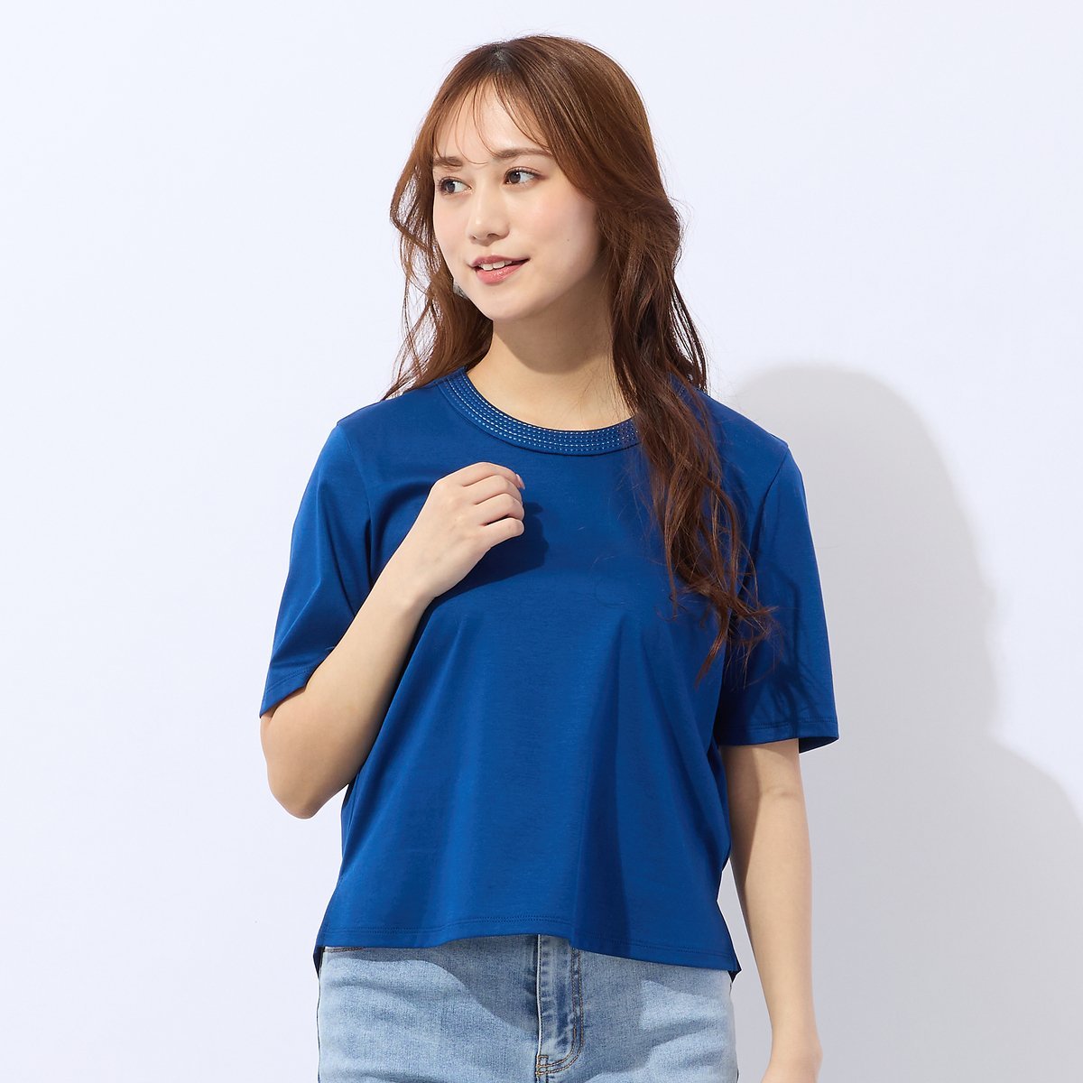 Liliane Burty Eclat 【洗える】接触冷感衿ステッチTシャツ リリアンビューティ エクラ トップス カットソー・Tシャツ ブルー ベージュ