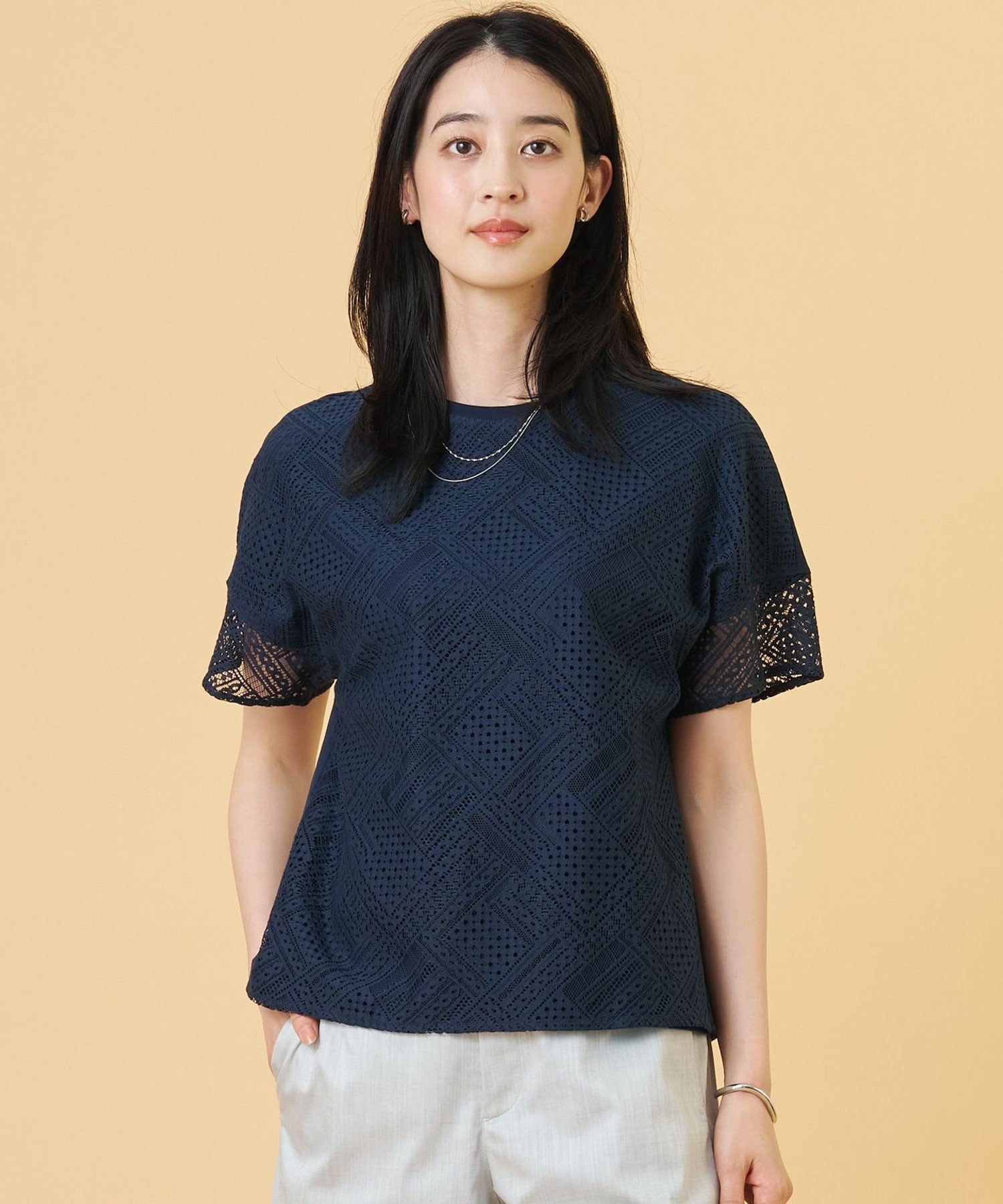 J.PRESS 【一枚で着映え・シーンレスに活躍】タイルライクレース クルーネック カットソー ジェイプレス トップス カットソー・Tシャツ ホワイト ネイビー グレー