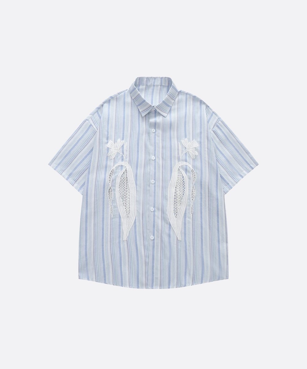 U:UME Stripe Lace Corn Applique Shirt ユーム トップス シャツ・ブラウス ブルー ピンク