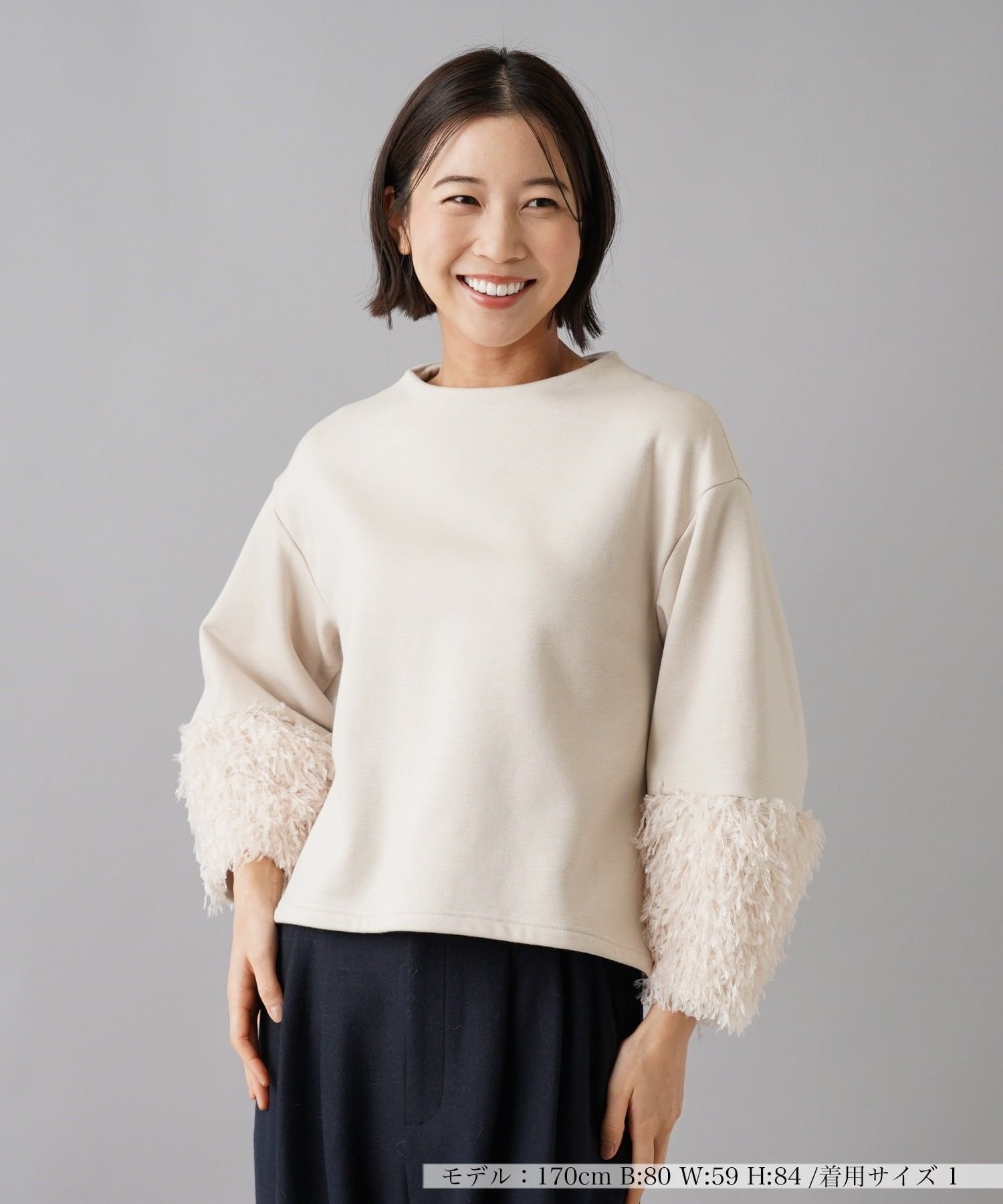 NEMIKA フェザー調スリーブプルオーバー【NEMIKA】 ネミカ トップス カットソー・Tシャツ ベージュ ホワイト ブラック
