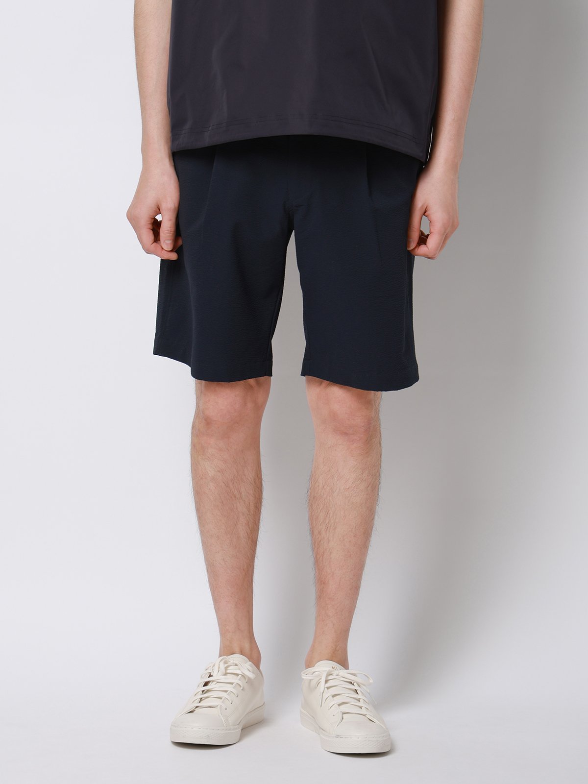 SUIT SQUARE FLAT タックハーフ ウォッシャブル ストレッチ シアサッカー 裾上げ済み スーツ スクエア パンツ その他のパンツ ネイビー