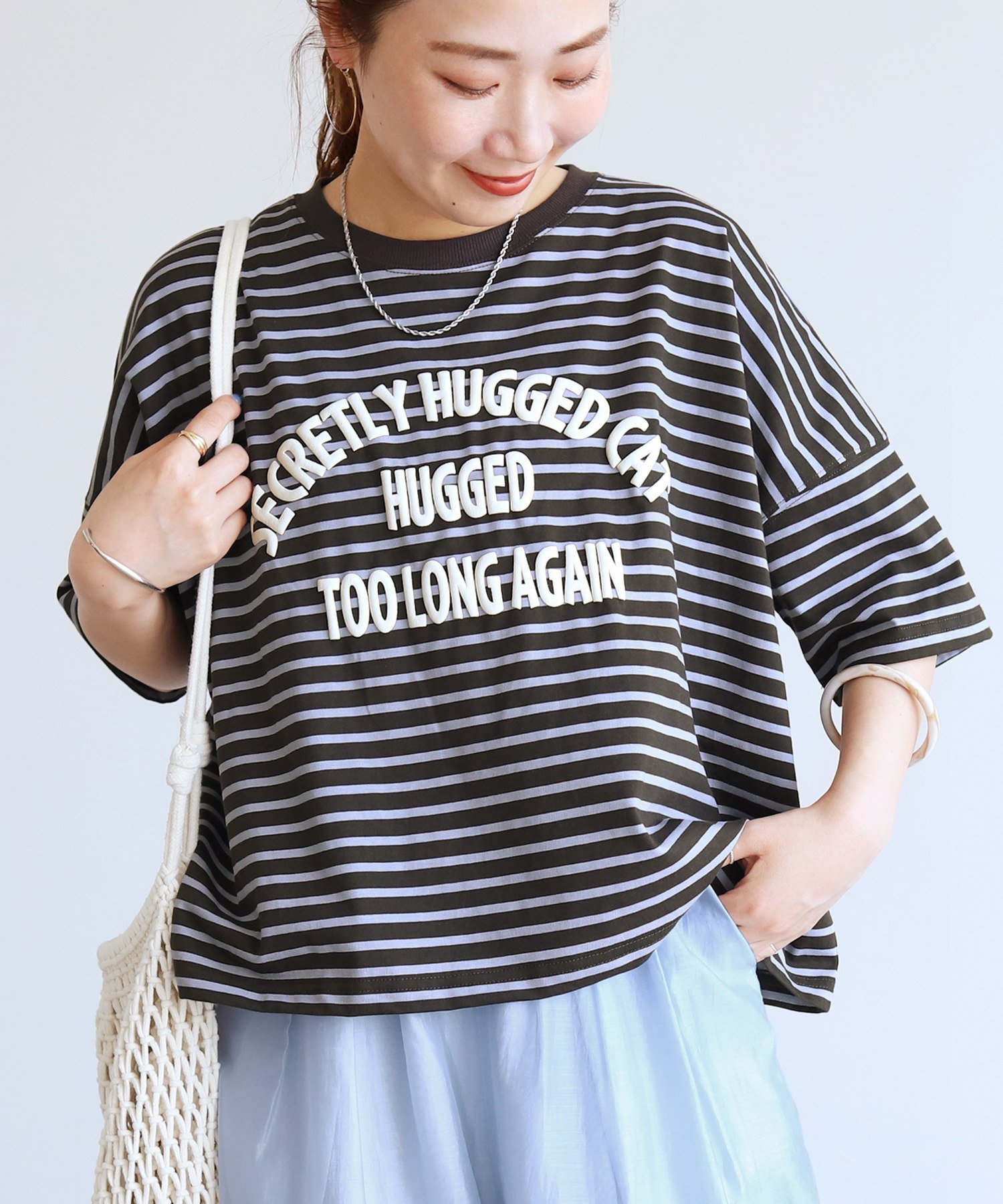 reca 接触冷感 ロゴ発泡プリントワイドボーダーTシャツ(on6643570) reca レカ レカ トップス カットソー・Tシャツ ブルー ホワイト