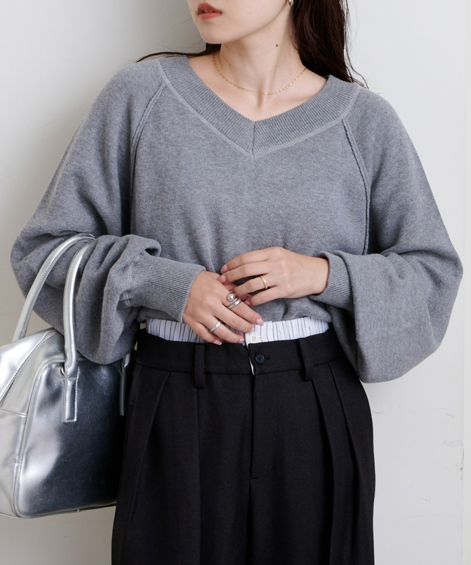 【SALE／60%OFF】CIAOPANIC TYPY 【WEB限定】スウェットライクVネックニット チャオパニックティピー トップス ニット オレンジ ホワイト ピンク グリーン グレー ブラックのサムネイル