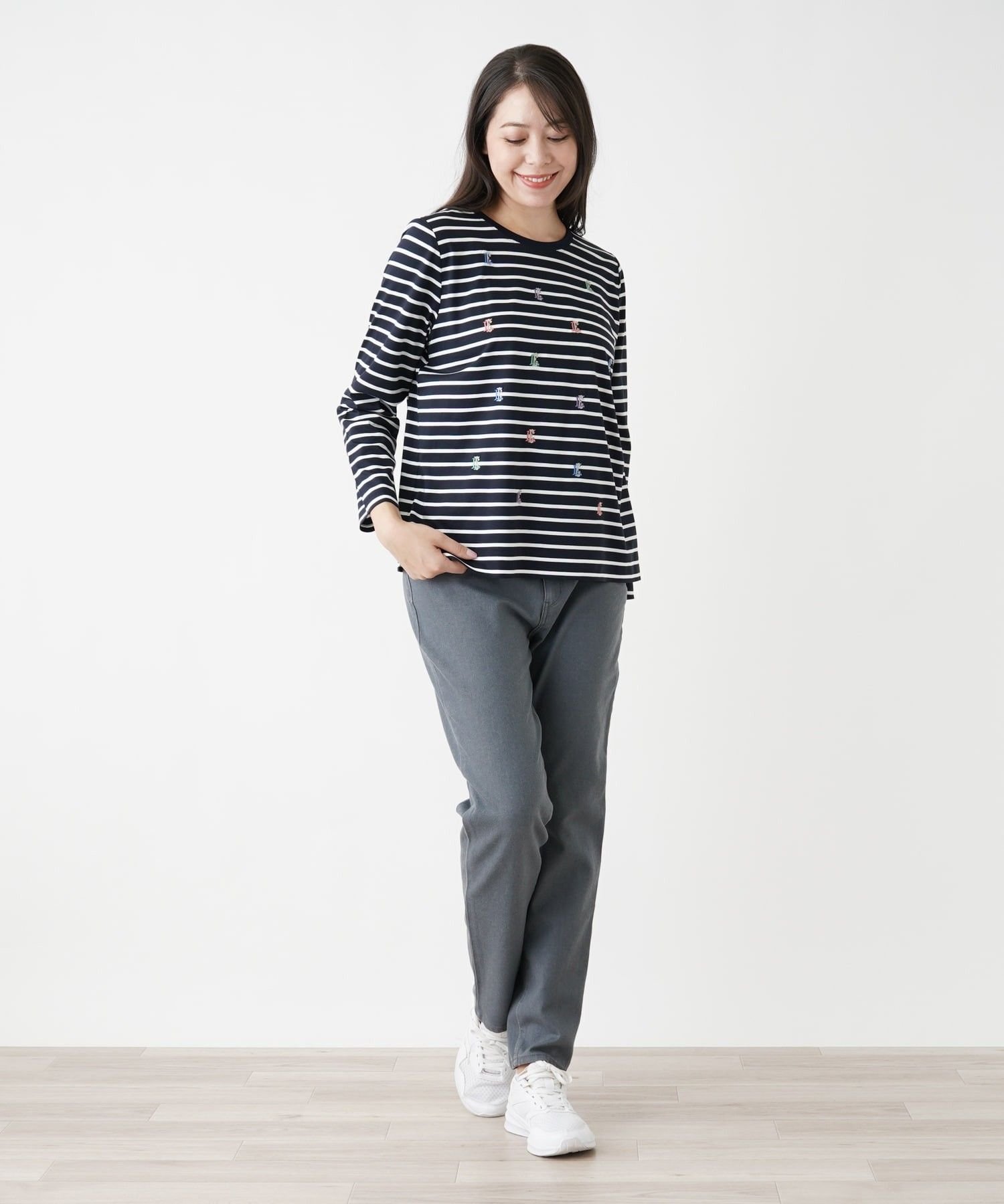 Leilian PLUS HOUSE 【店頭人気】刺繍ボーダーカットソー レリアン プラスハウス トップス カットソー・Tシャツ グレー ネイビー