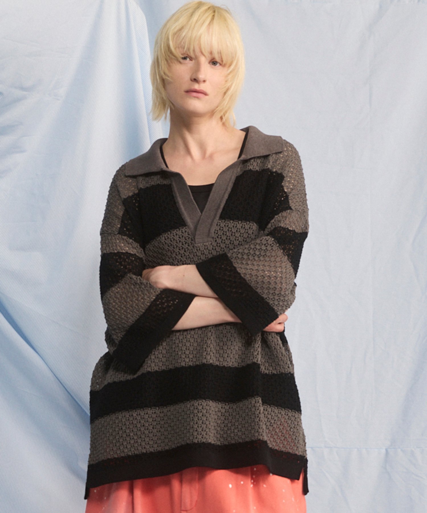 MAISON SPECIAL Rugby Border Prime-Over Skipper Knit Polo Shirt メゾンスペシャル トップス シャツ・ブラウス ピンク ブラック