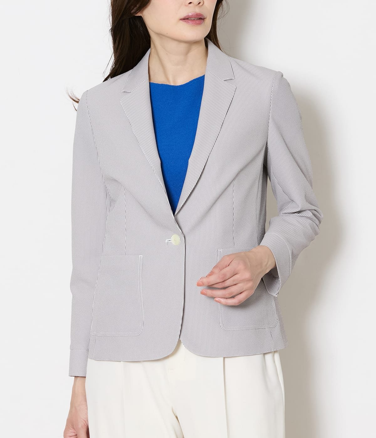 NEWYORKER WOMEN L-SIZE 【L】【吸水速乾・ウォッシャブル・ストレッチ】COOLMAXストレッチサッカー 1釦テーラードジャケット ニューヨーカー エルサイズ ジャケット・アウター テーラードジャケット・ブレザー ネイビー グレー