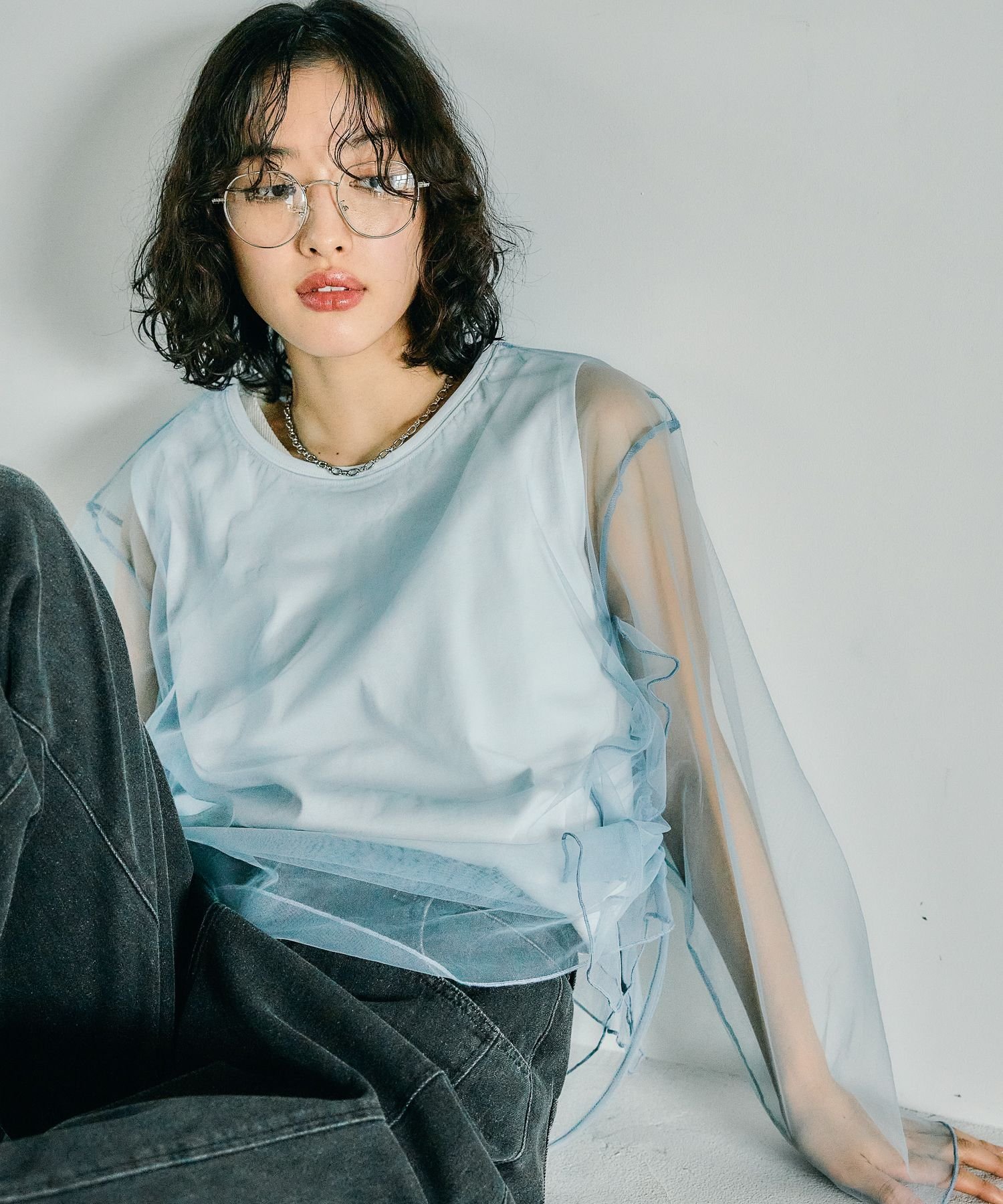 LEPSIM チュールレイヤーギャザープルオーバー レプシィム トップス カットソー・Tシャツ グレー ブルー ブラック