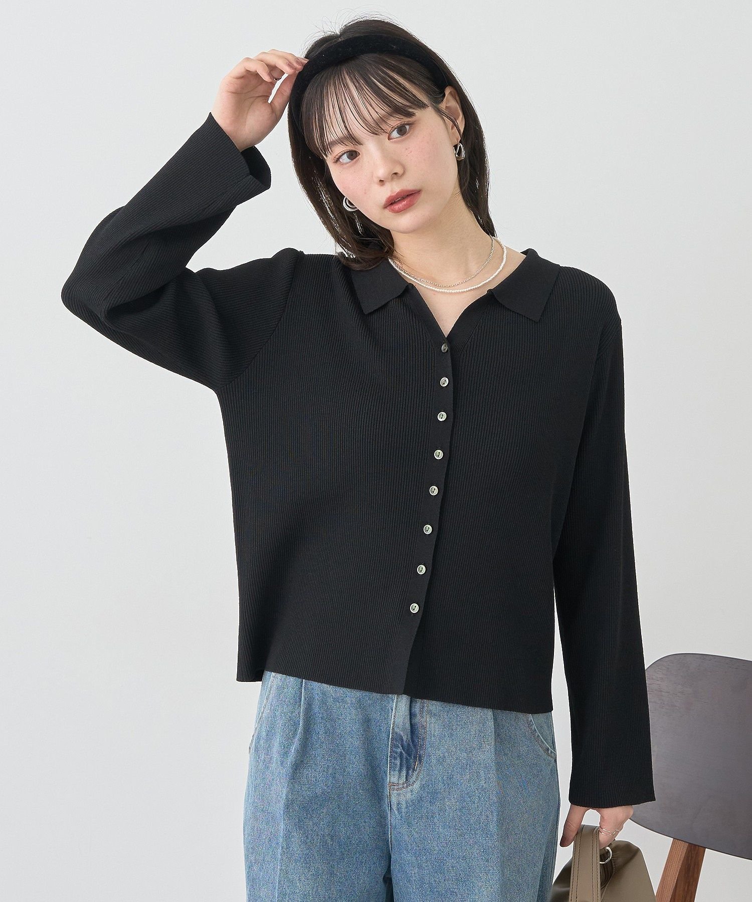 【SALE／50%OFF】earth music&ecology 襟付きニットカーディガン アースミュージック&エコロジー トップス カーディガン ブラック ピンク ワインレッドのサムネイル