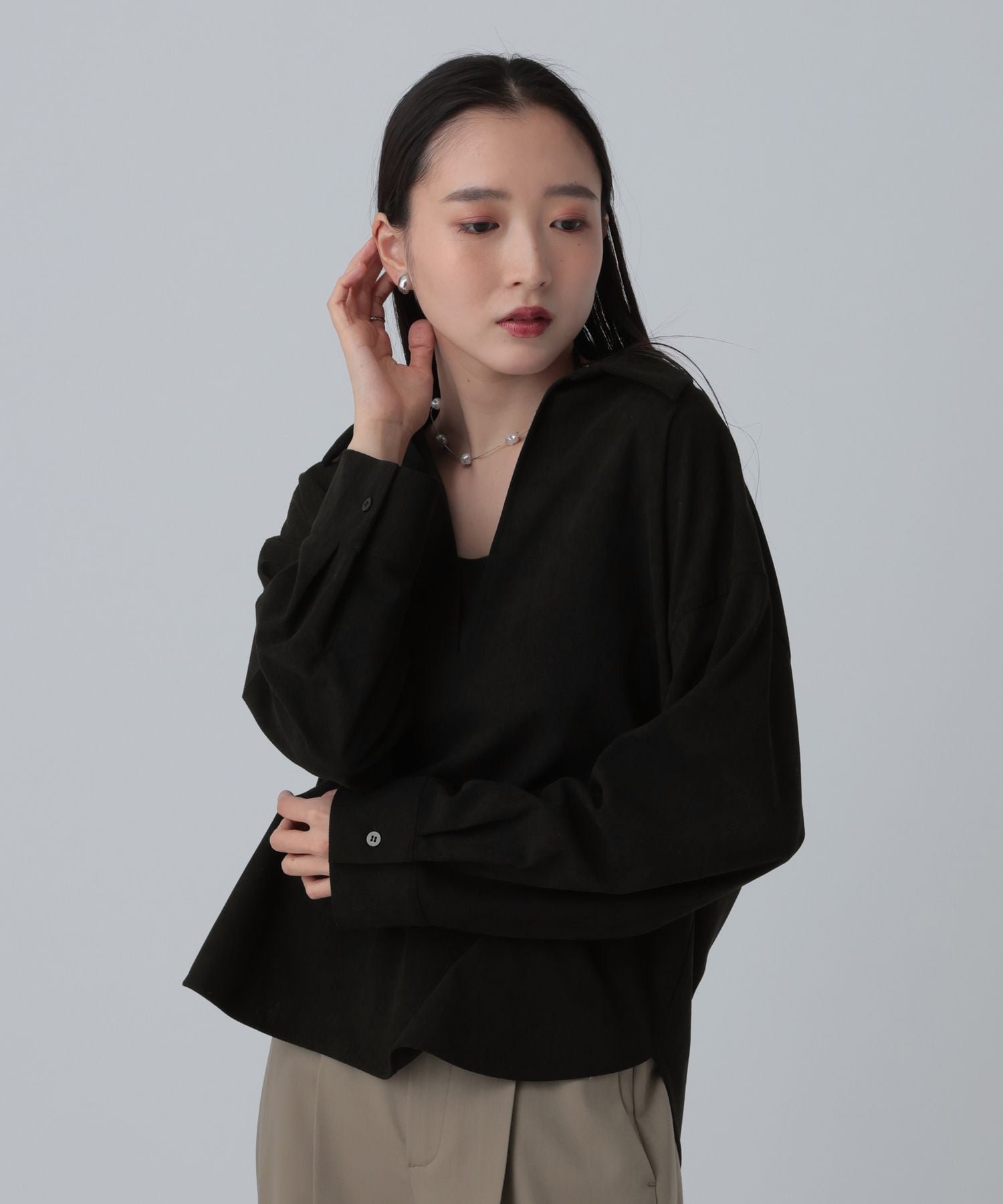 【SALE／50%OFF】LEPSIM スキッパーピケ長袖ブラウス レプシィム トップス シャツ・ブラウス ブラック グレー