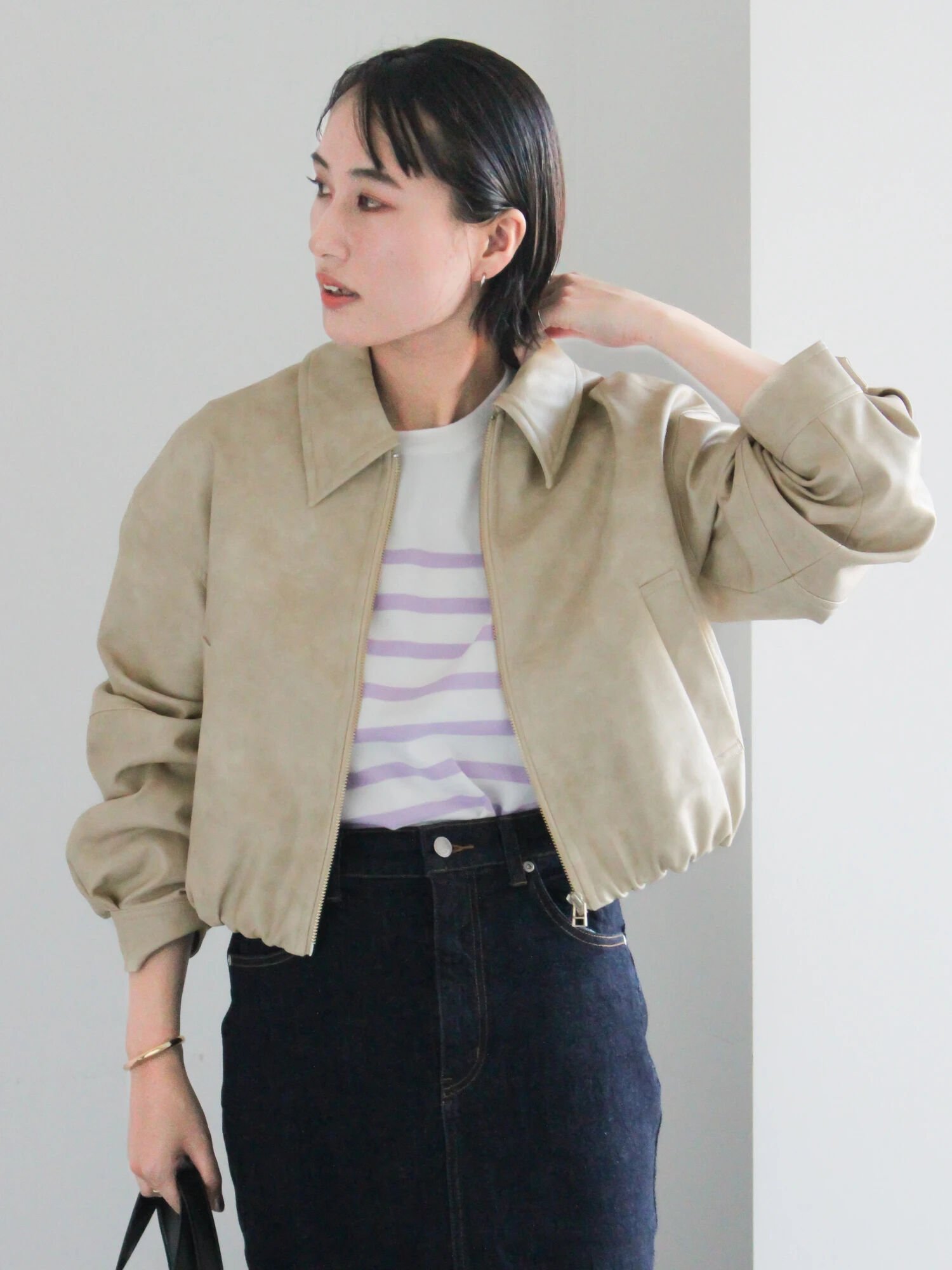 【SALE／50%OFF】Te chichi フェイクレザークロップドブルゾン テチチ ジャケット・アウター ブルゾン・ジャンパー グレー ブラック【送料無料】