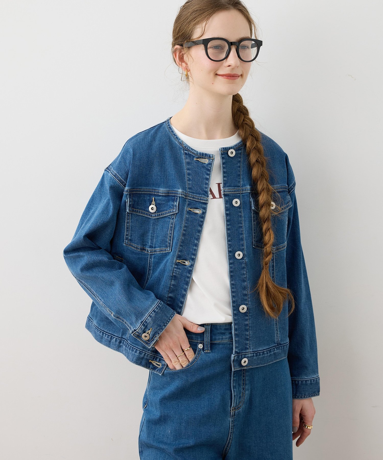 LE SOUK HOLIDAY ノーカラーストレッチデニムジャケット ルスークホリデー ジャケット・アウター デニムジャケット ブルー ネイビー【送料無料】