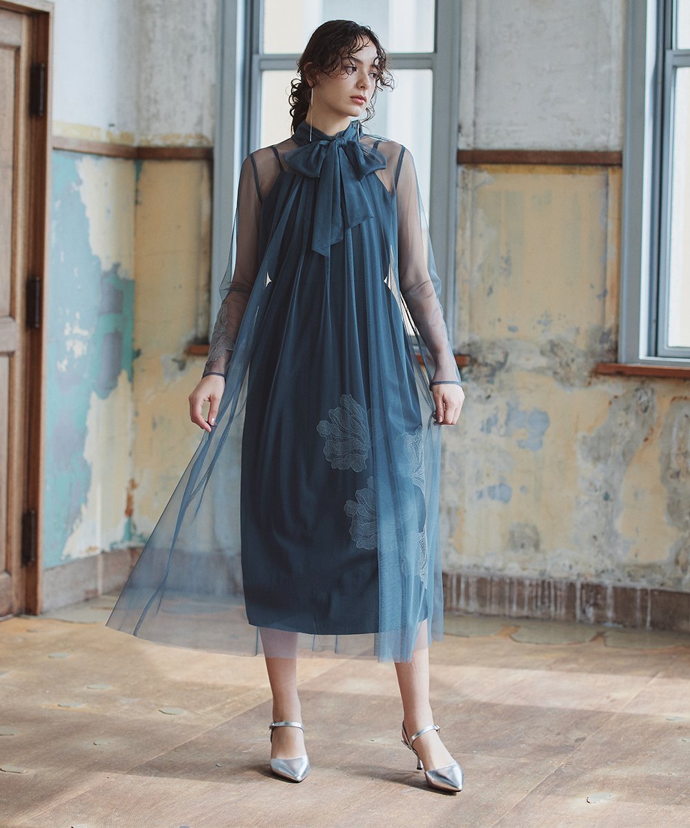 Callarus アシメ刺繍使い2WAYリボンデザインチュールワンピースドレス カラルス ワンピース・ドレス ドレス ブルー【送料無料】