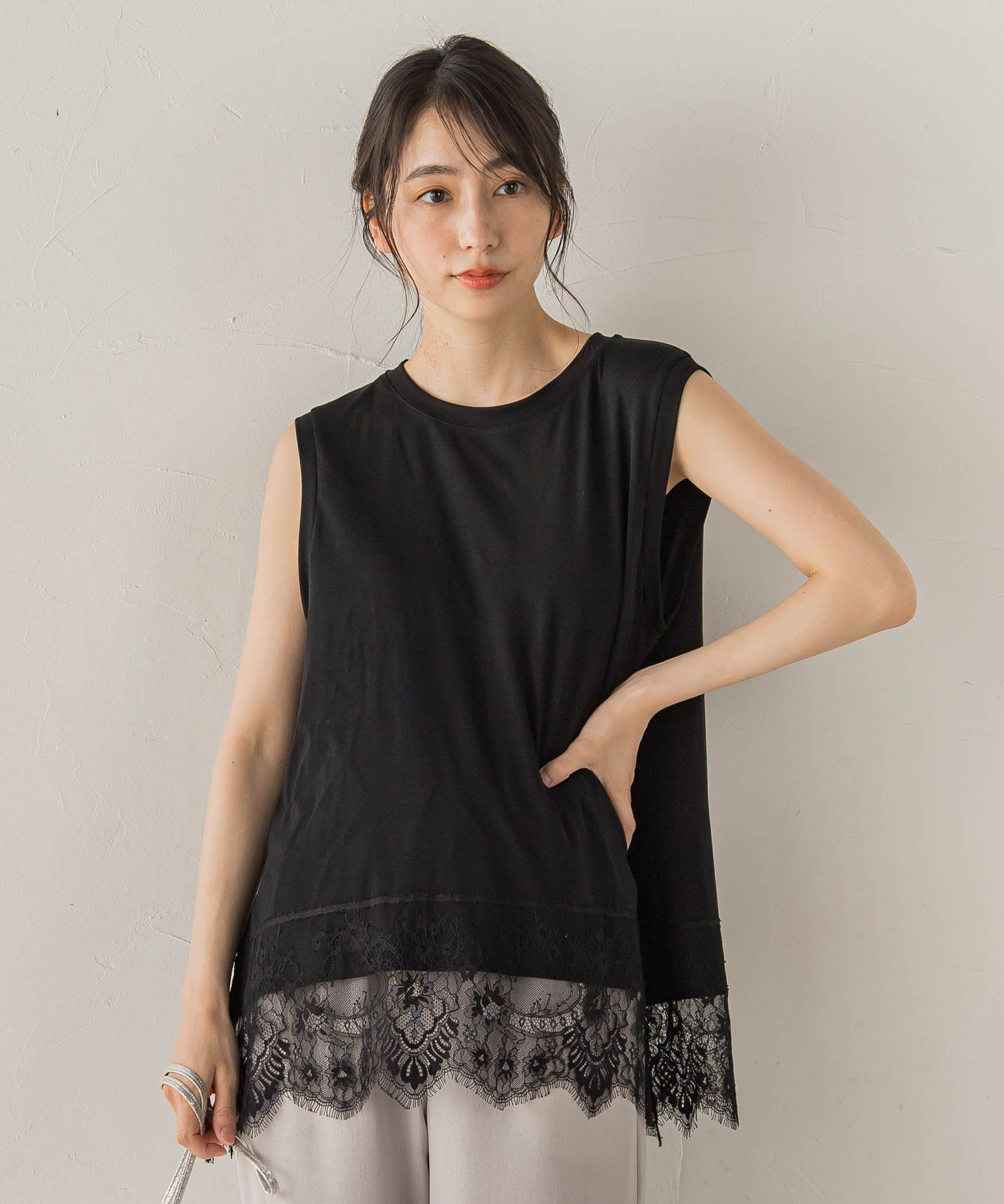 レースコンビノースリーブカットソー ドロワット・ロートレアモン トップス カットソー・Tシャツ ホワイト ブラック