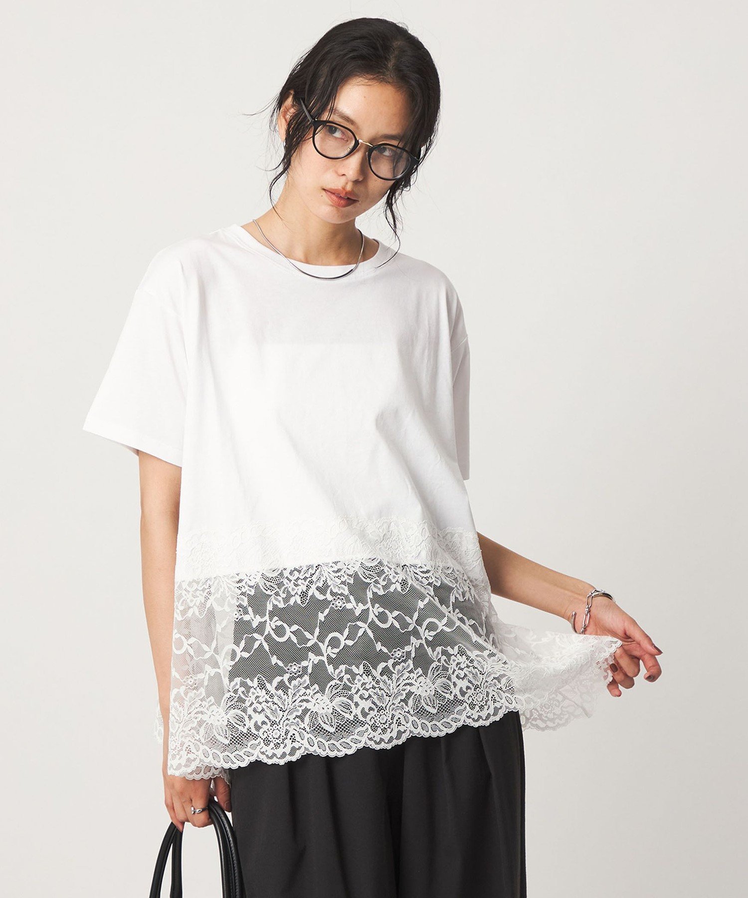 【WEB限定】＜at ease＞イレヘム レース ドッキング ショートスリーブ カットソー ユナイテッドアローズ グリーンレーベルリラクシング トップス カットソー・Tシャツ ホワイト ブラック