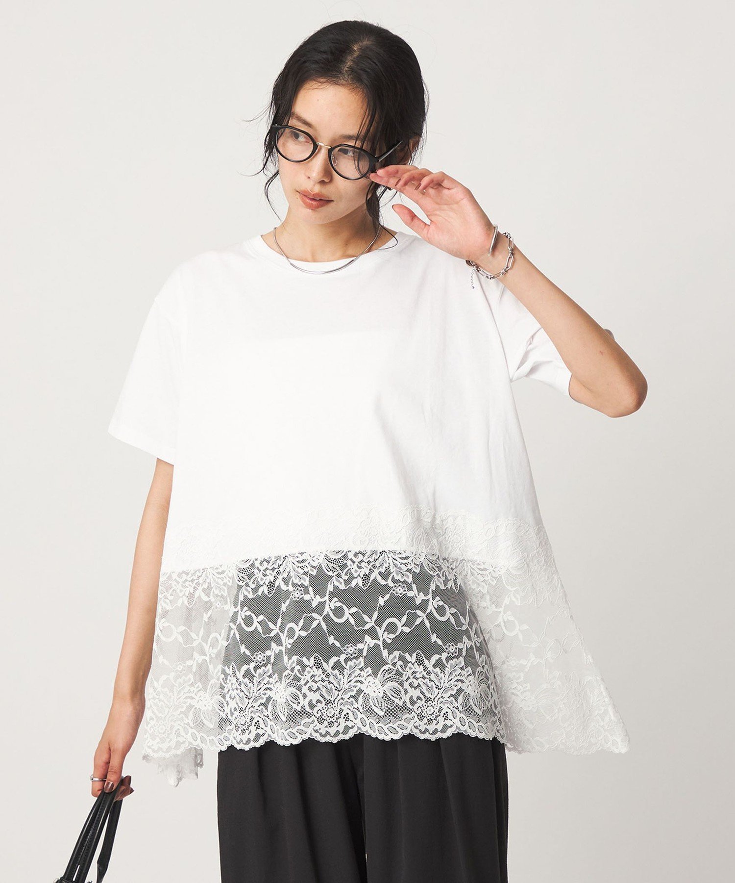 【WEB限定】＜at ease＞イレヘム レース ドッキング ショートスリーブ カットソー ユナイテッドアローズ グリーンレーベルリラクシング トップス カットソー・Tシャツ ホワイト ブラック