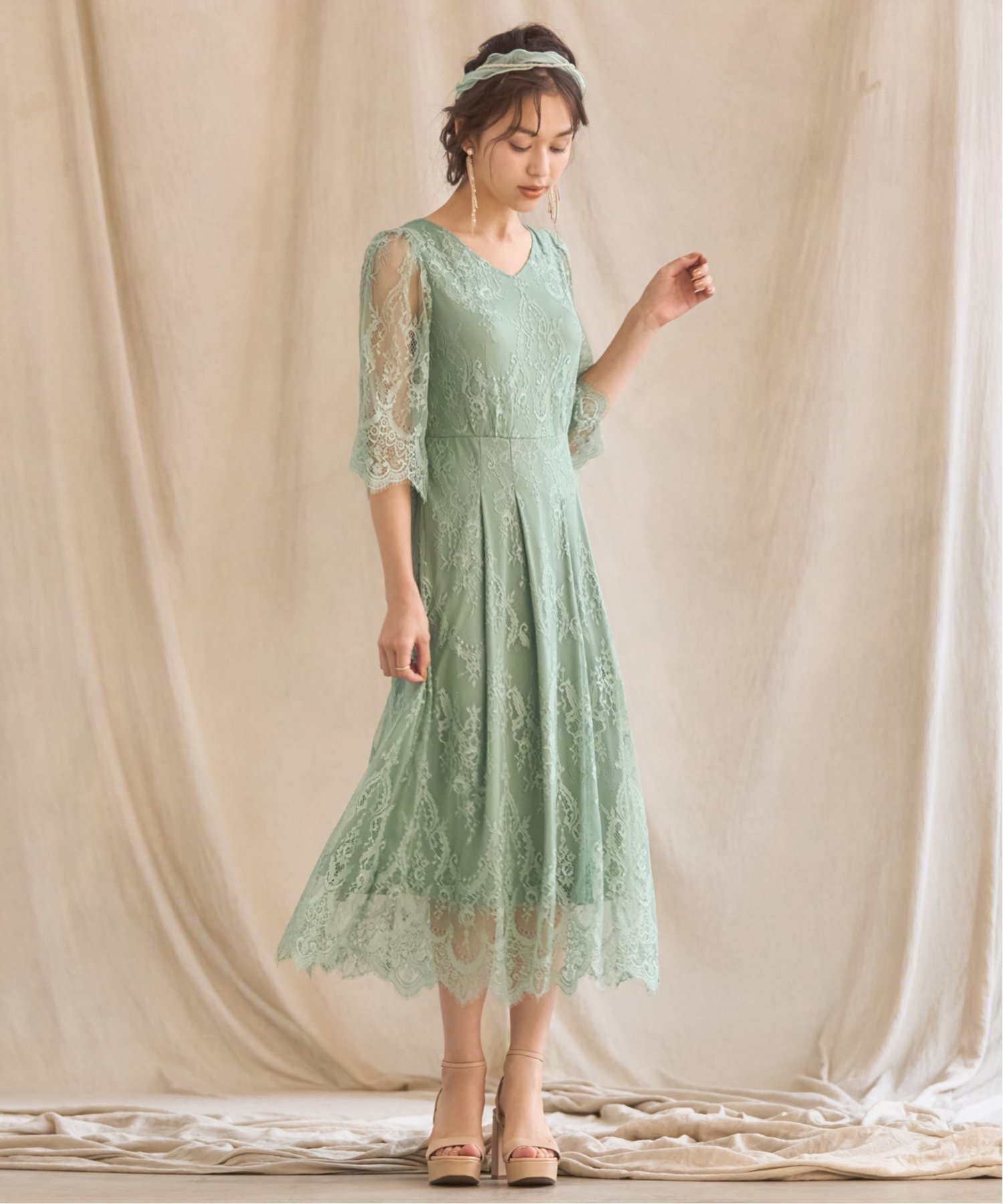 【SALE／32%OFF】DRESS+ ワンピース ドレス 総レース Aライン ミモレ丈 結婚式 披露宴 パーティードレス ドレスプラス ワンピース・ドレス ドレス グリーン グレー ブラック パープル【送料無料】