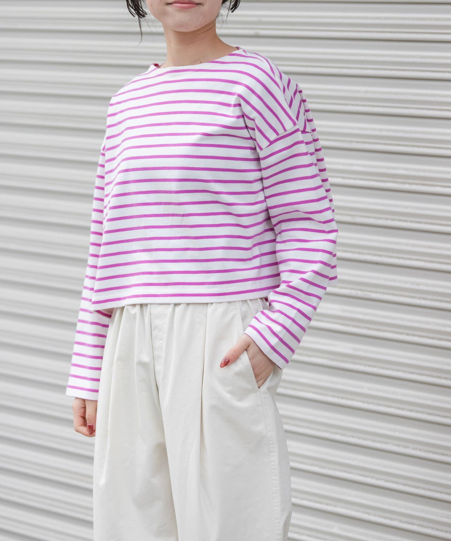 URBAN RESEARCH DOORS FORK&SPOON クロップドボートネックボーダー アーバンリサーチドアーズ トップス カットソー・Tシャツ ピンク ブラック【送料無料】