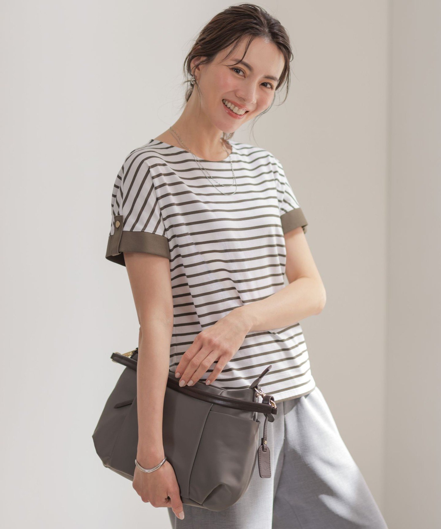 J.PRESS LADIES L 【一枚で着映え】バイカラーボーダー クルーネック カットソー ジェイプレス トップス カットソー・Tシャツ ブルー ネイビー ブラウン カーキグリーン