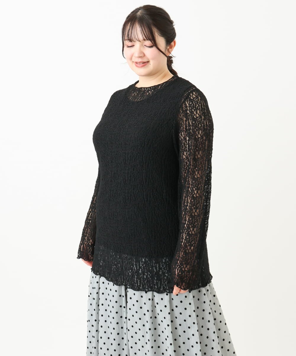 【大きいサイズ】ストレッチレーストップス エウルキューブ トップス カットソー・Tシャツ ホワイト ブラック