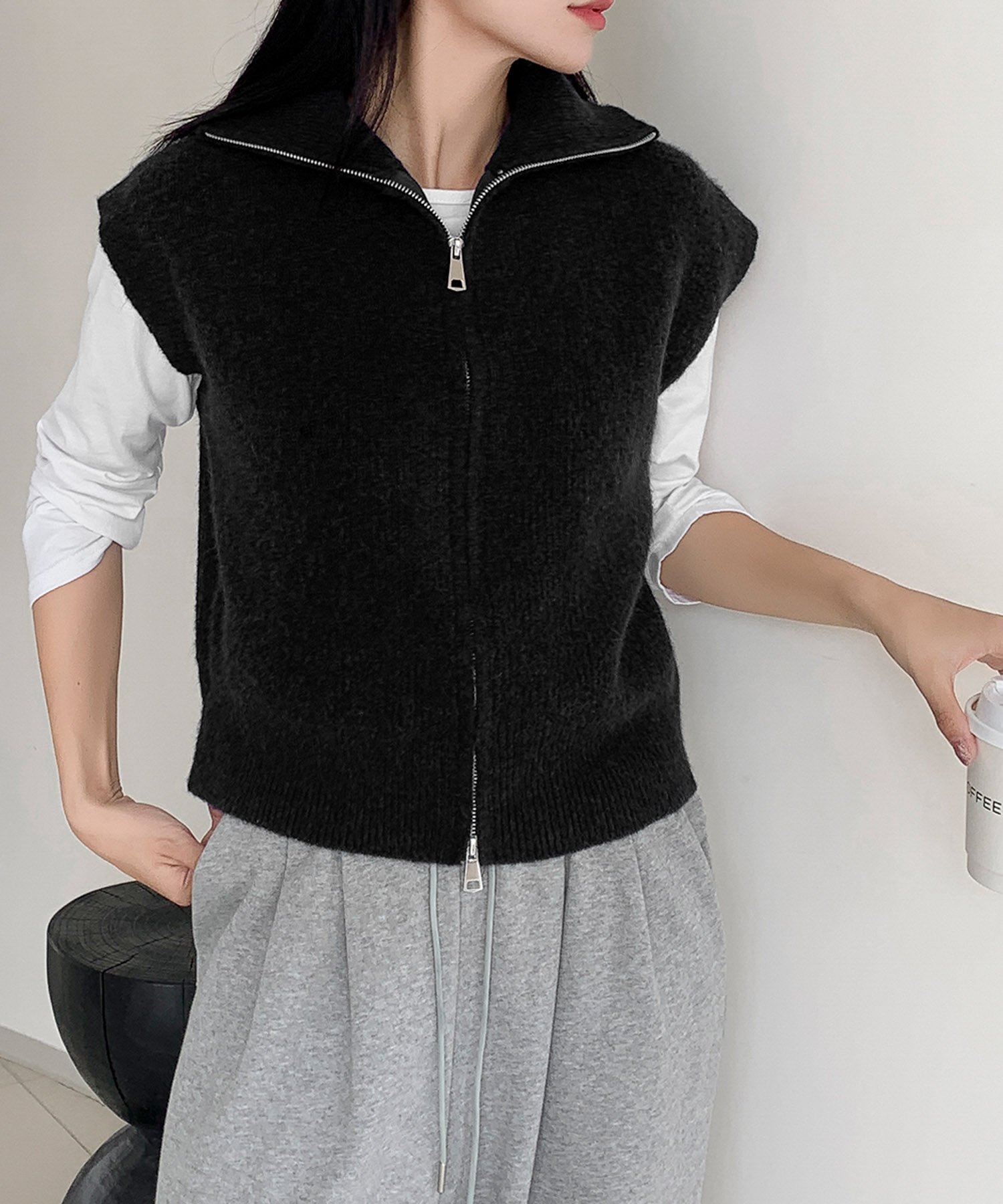 LOWO ダブルジップ ハイネック ニット ベスト トップス ガール トップス ベスト・ジレ グレー ブラック ブラウン【送料無料】のサムネイル