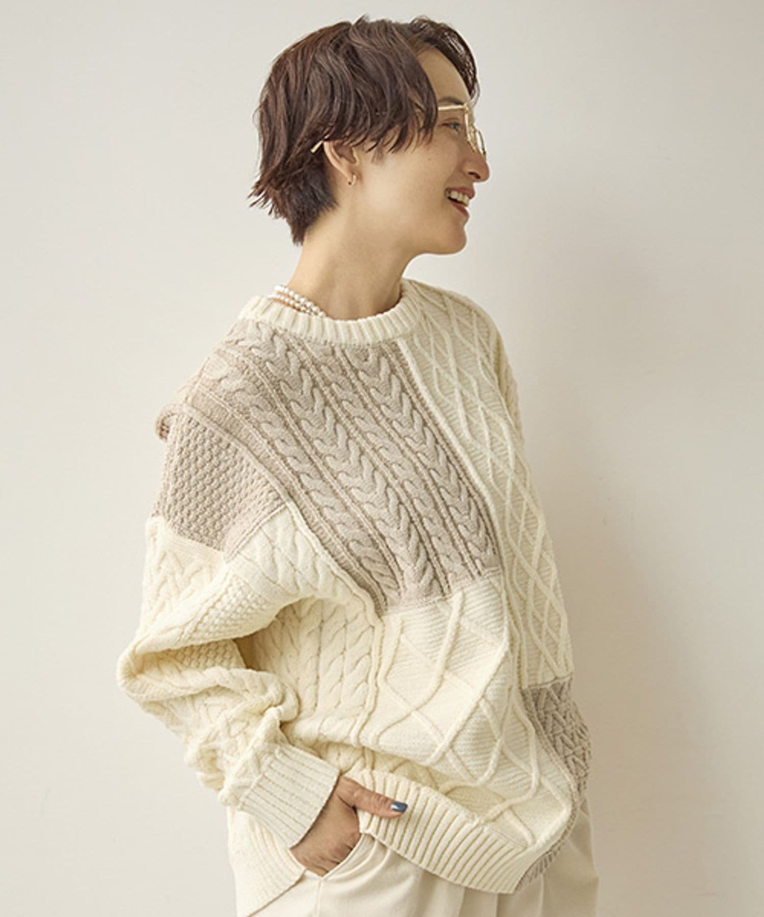 studio CLIP 5ゲージふわかるパッチワークニット スタディオクリップ トップス ニット ホワイト グレー ネイビー【送料無料】のサムネイル