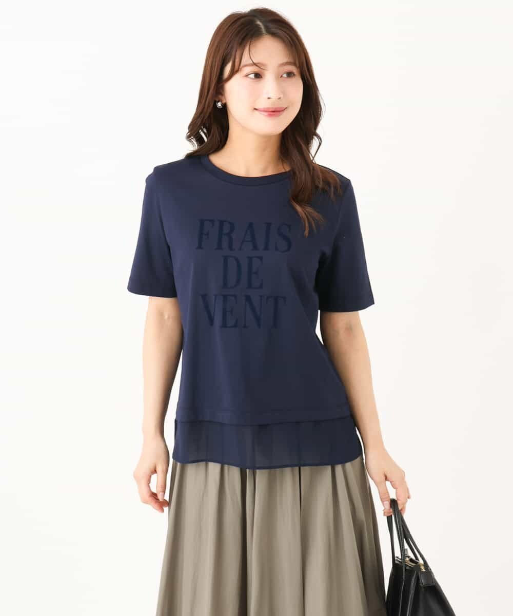 MK MICHEL KLEIN（小さいサイズ） 【小さいサイズ】[洗える]シフォン切替えフロッキーロゴTシャツ メゾンドゥサンク トップス カットソー・Tシャツ ホワイト ネイビー