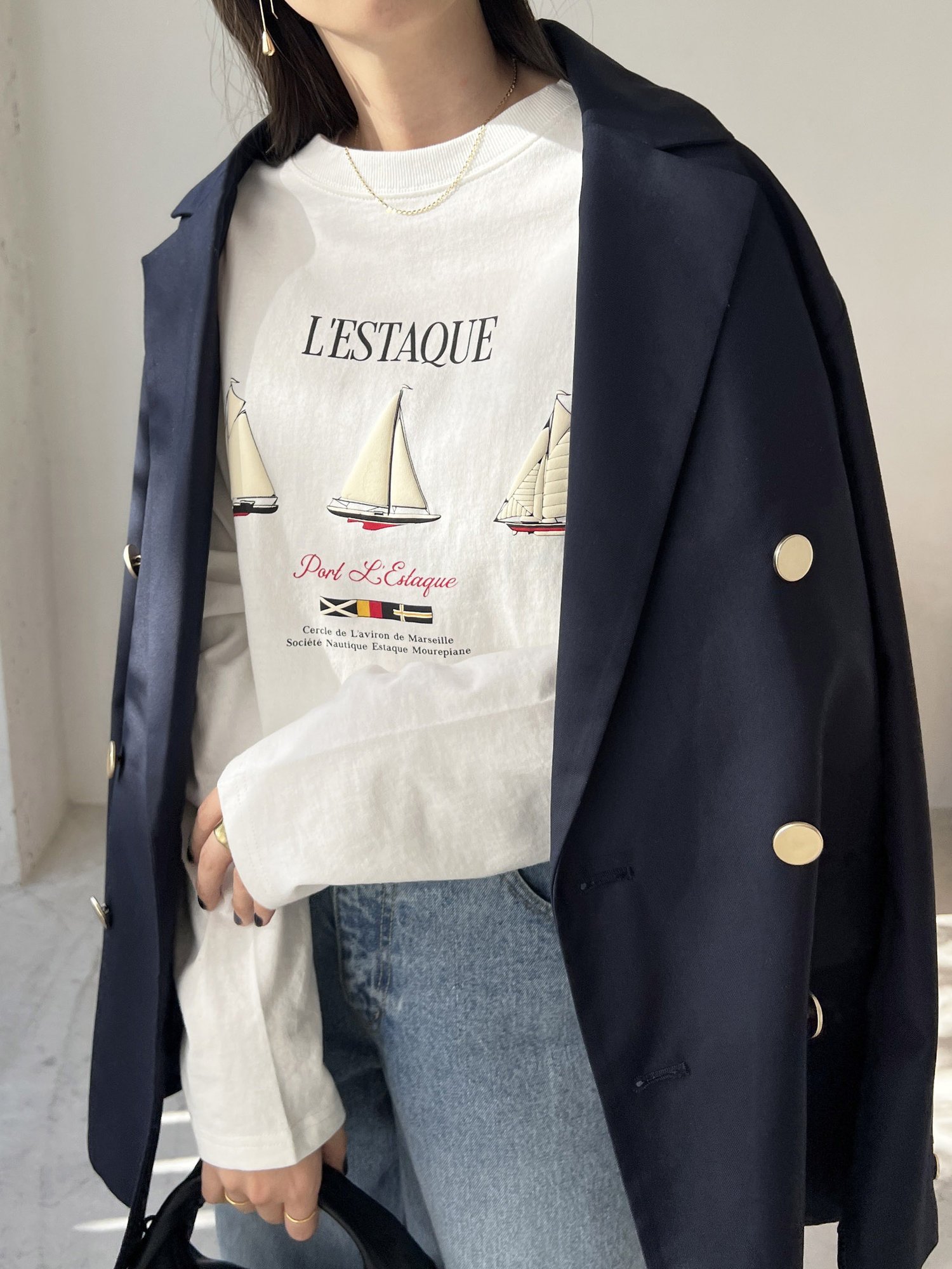 【SALE／10%OFF】Discoat ヨットフクレロングスリーブTシャツ ディスコート トップス カットソー・Tシャツ ホワイト ネイビー グレーのサムネイル