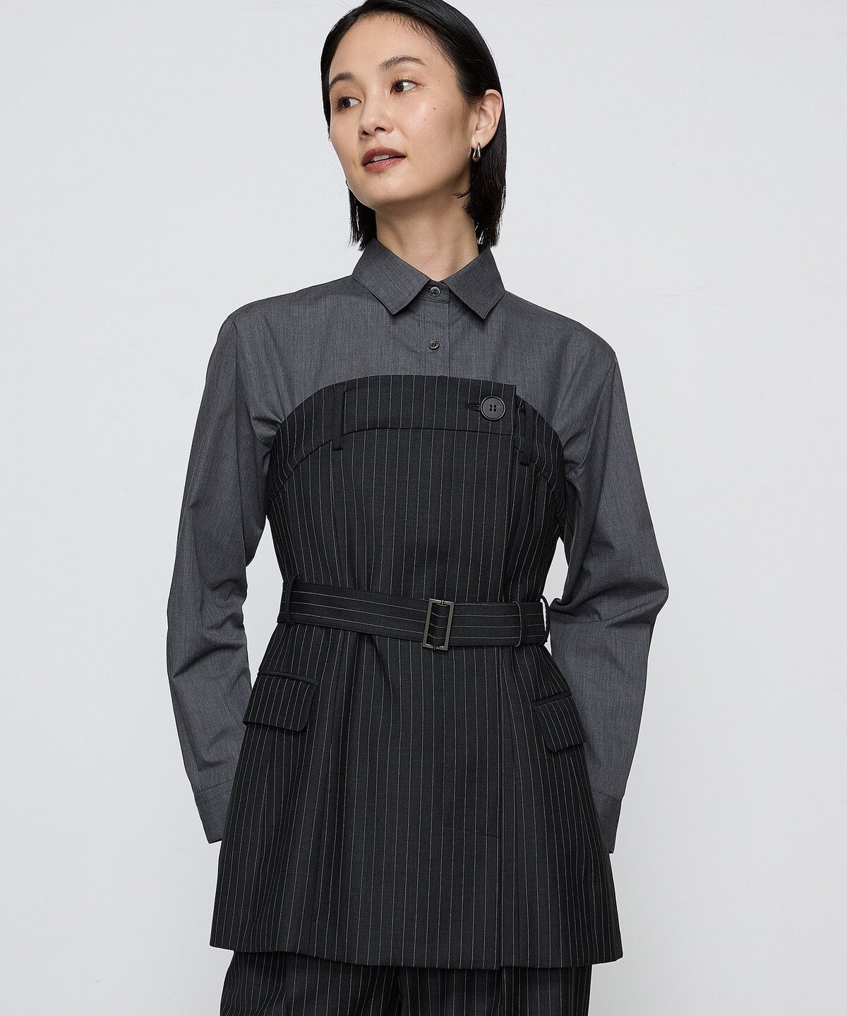 [ TALLサイズ ] 【セットアップ対応】ストレッチトロ ビスチェ付きブラウス コムサ トップス シャツ・ブラウス ブラック グレー