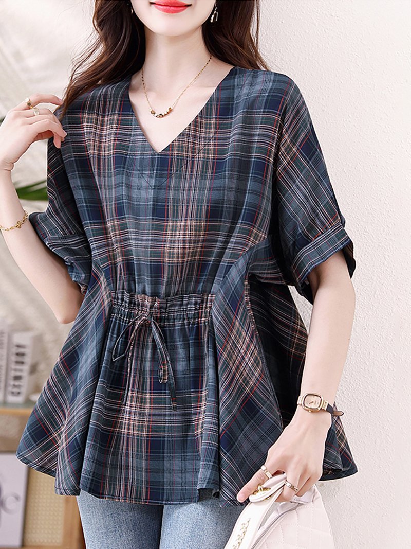 【SALE／30%OFF】Doux Belle 5分袖 チェック柄 エレガントブラウス ドゥー・ベル ...