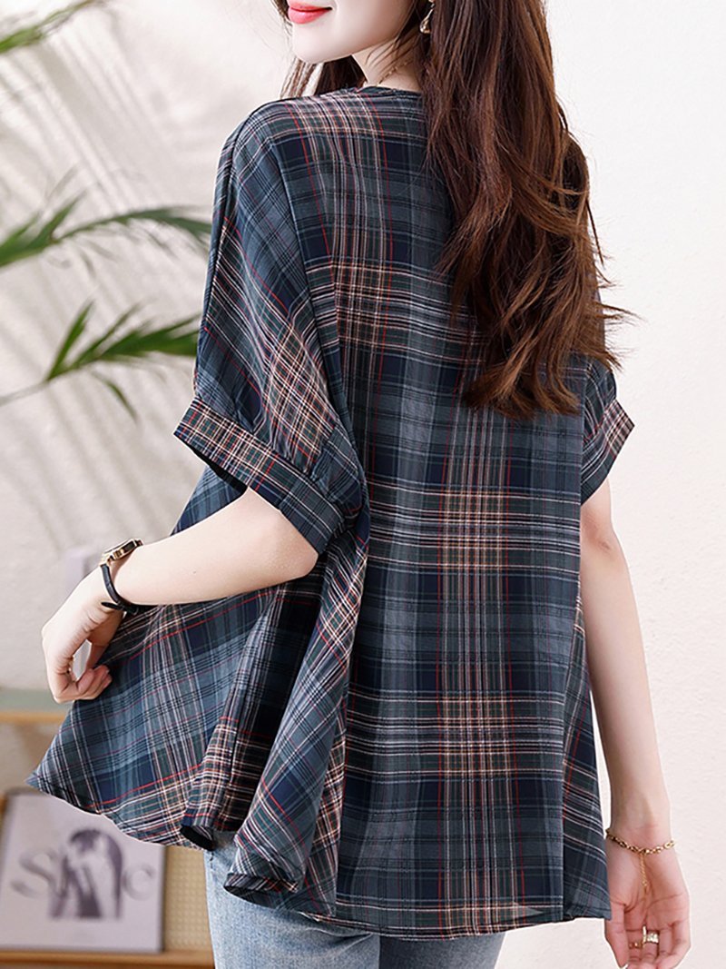 【SALE／30%OFF】Doux Belle 5分袖 チェック柄 エレガントブラウス ドゥー・ベル ...