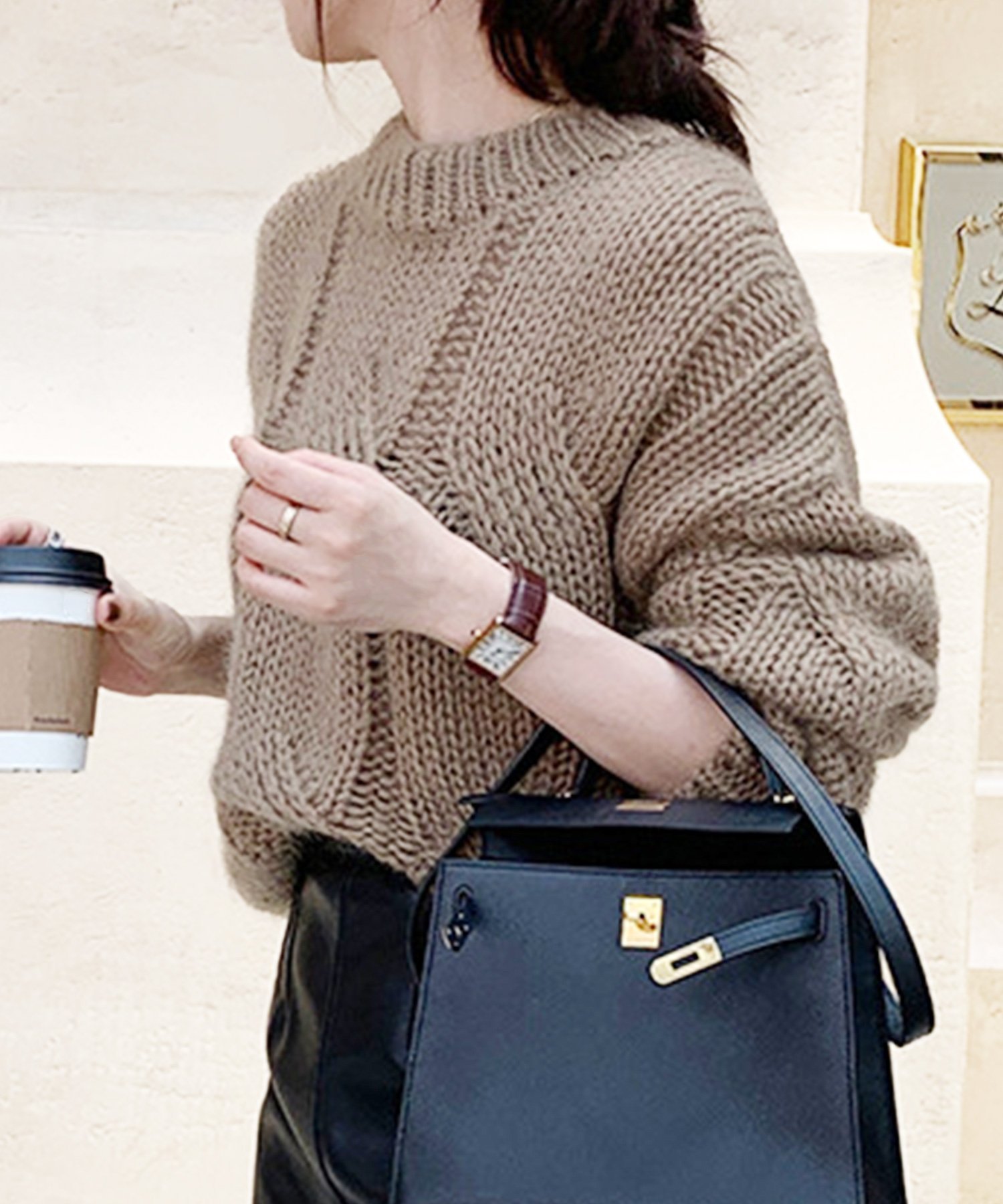 【Dewlily】ざっくり編みケーブル風ニット アミュレット トップス ニット ブルー ベージュ ピンク ブラウン
