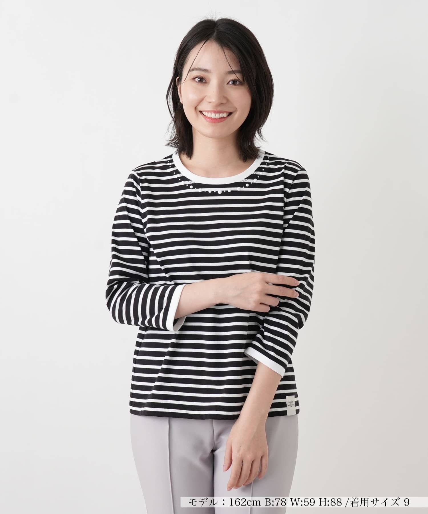 Leilian ボーダービジューネックカットソー【MUSE BY ROCHAS Premiere】 レリアン トップス カットソー・Tシャツ ブラック ネイビー