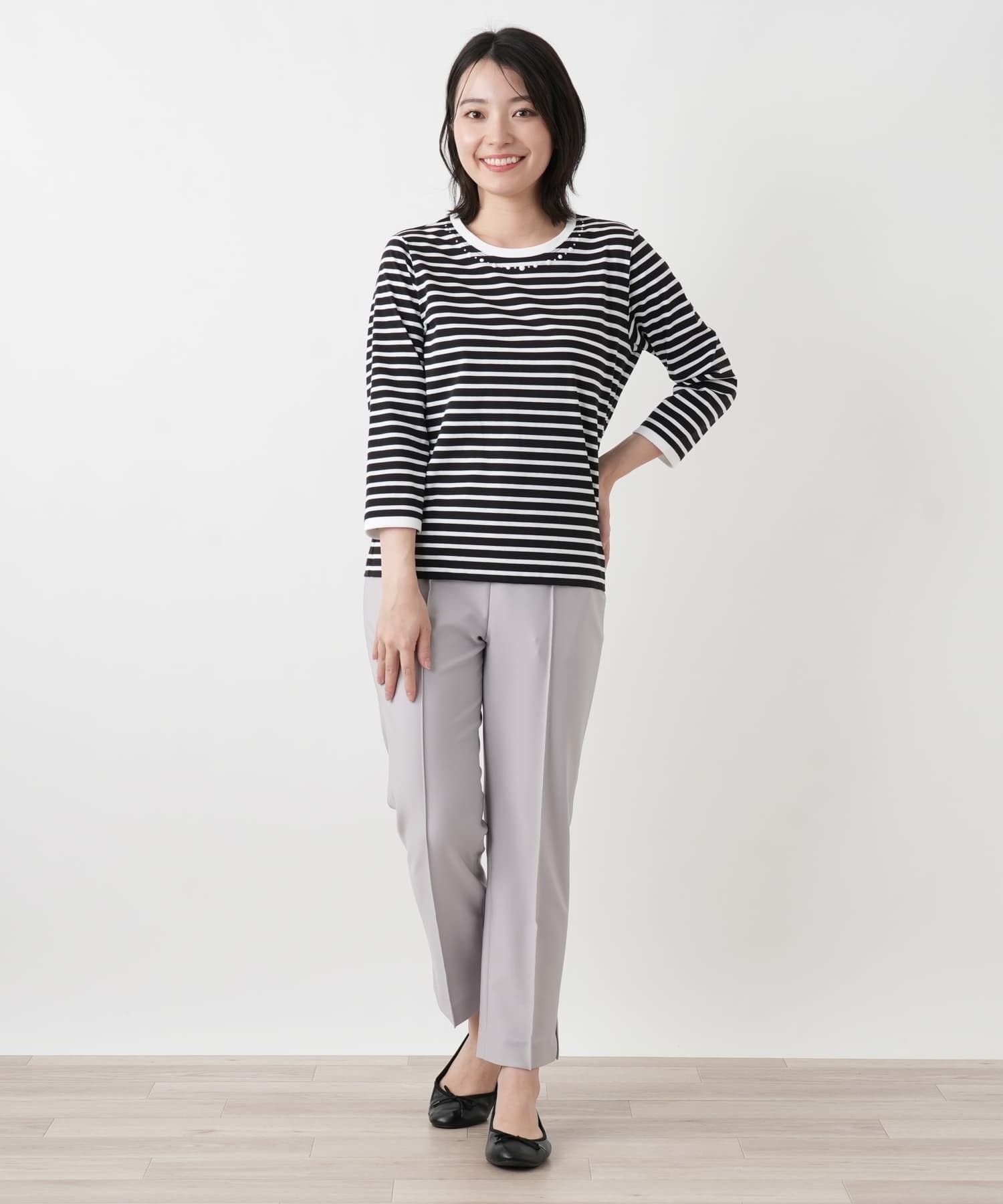 Leilian ボーダービジューネックカットソー【MUSE BY ROCHAS Premiere】 レリアン トップス カットソー・Tシャツ ブラック ネイビー